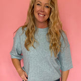 Dusty Blue Sweater with Ribbed Trim