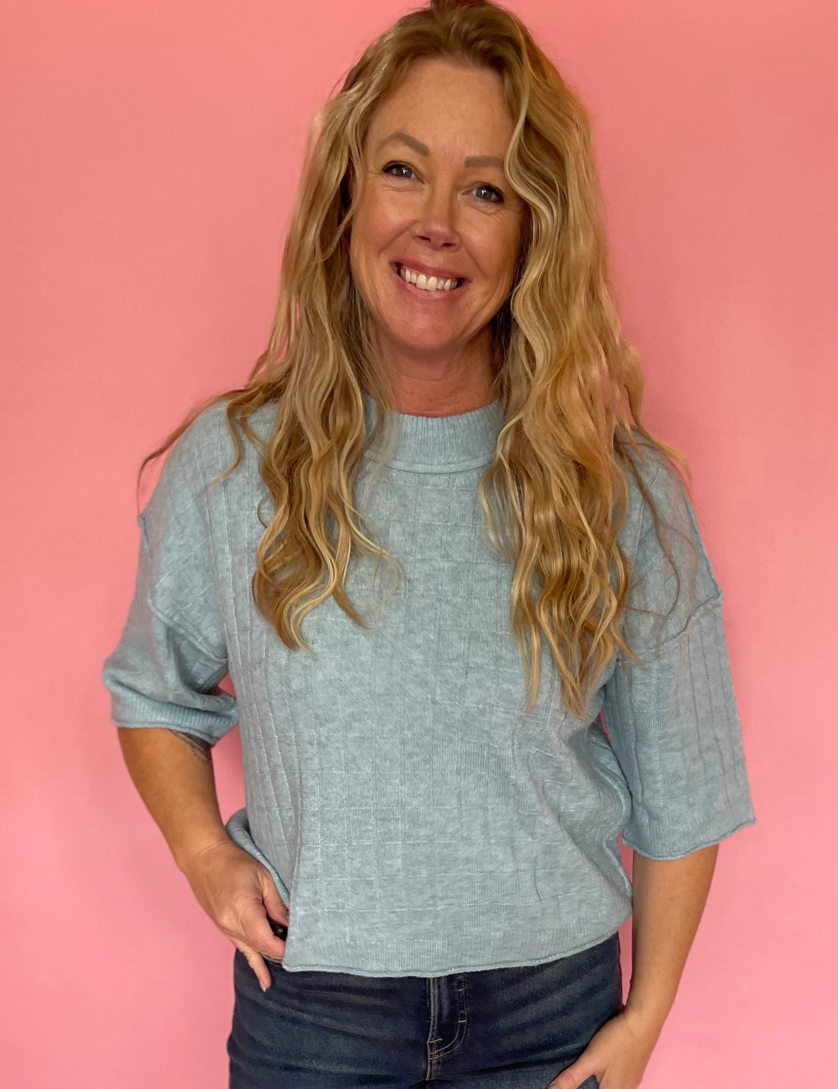 Dusty Blue Sweater with Ribbed Trim