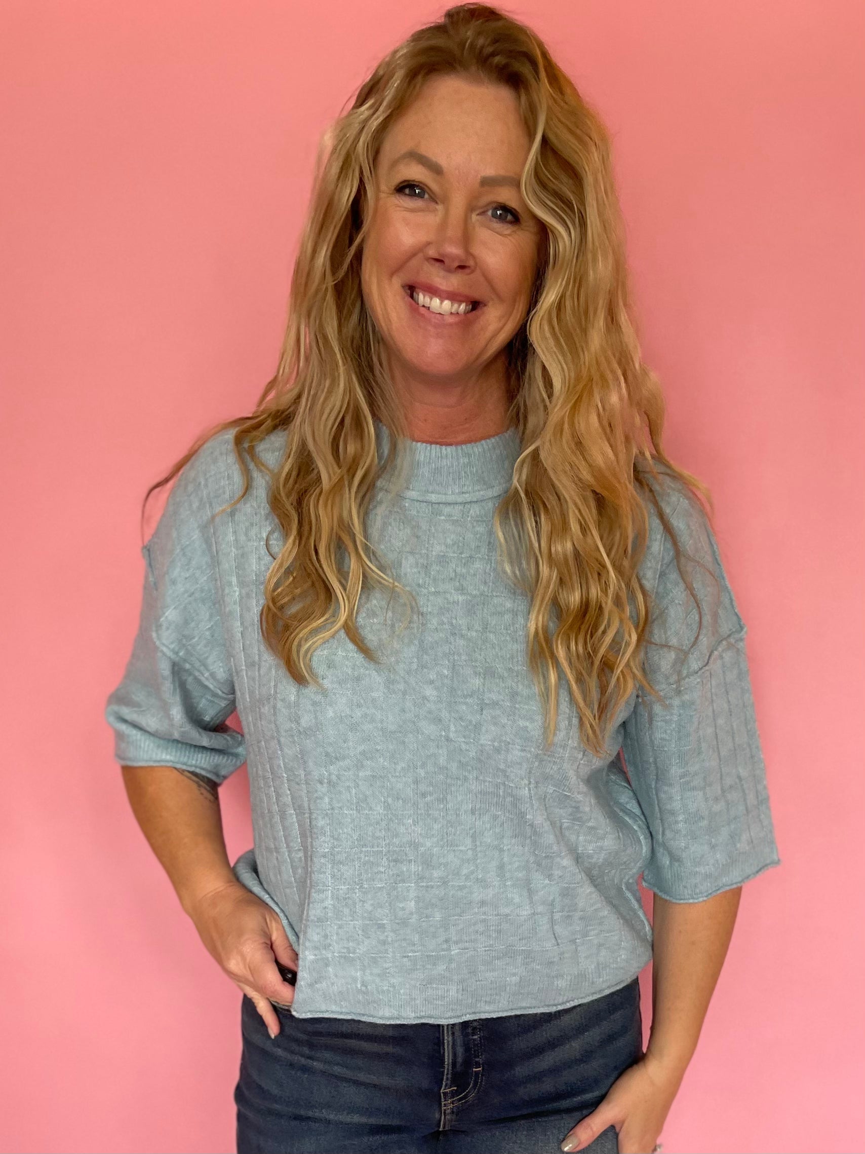 Dusty Blue Sweater with Ribbed Trim