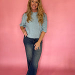 Dusty Blue Sweater with Ribbed Trim