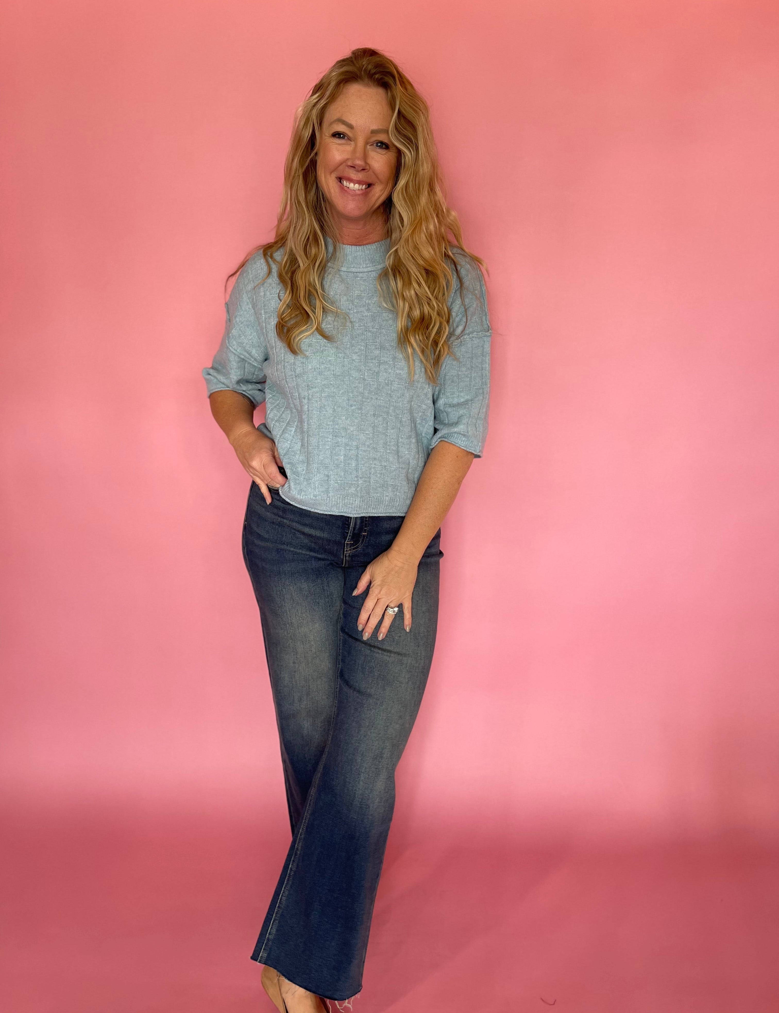 Dusty Blue Sweater with Ribbed Trim