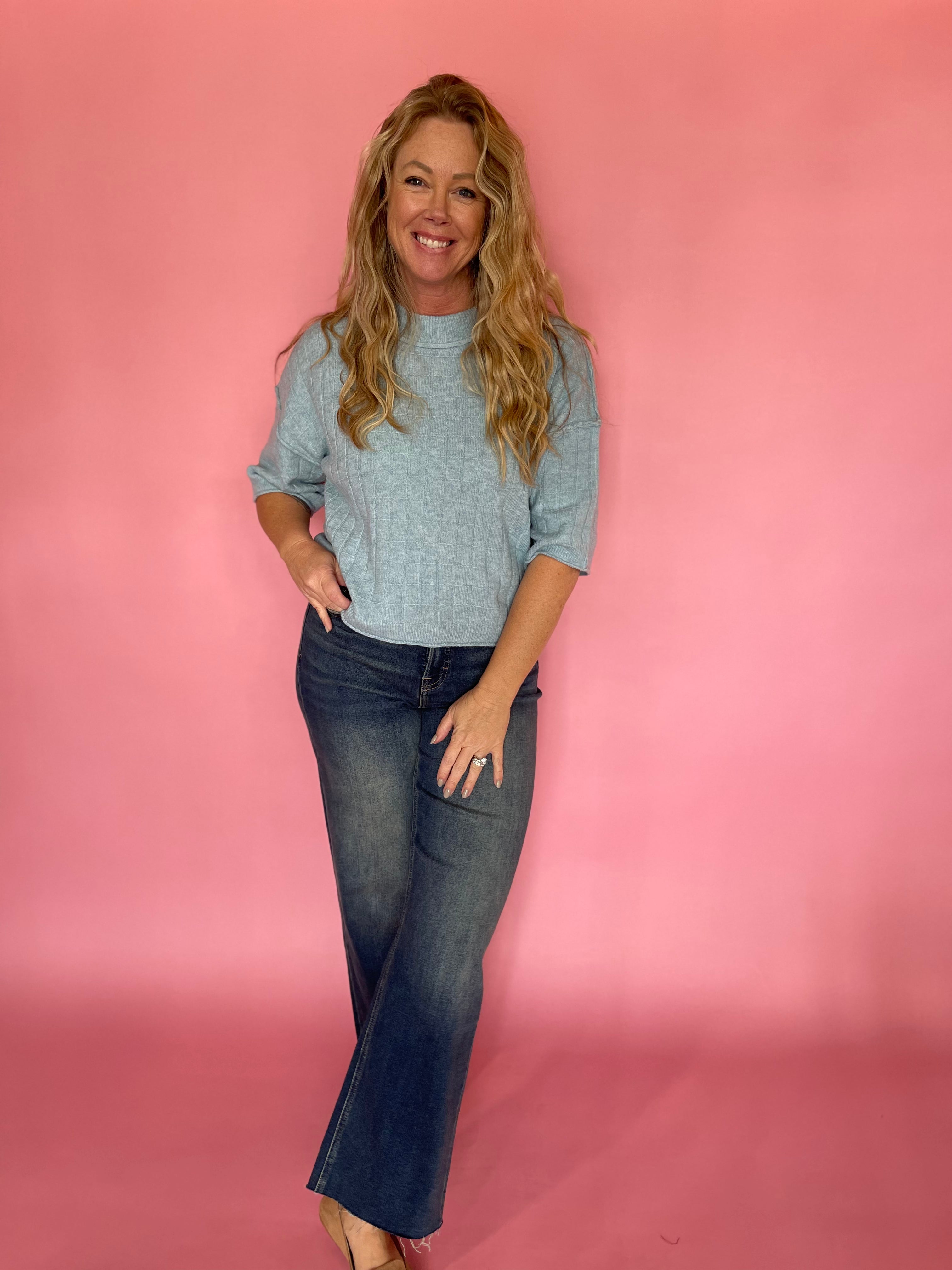 Dusty Blue Sweater with Ribbed Trim