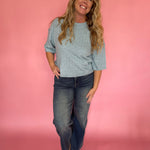Dusty Blue Sweater with Ribbed Trim