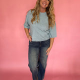 Dusty Blue Sweater with Ribbed Trim