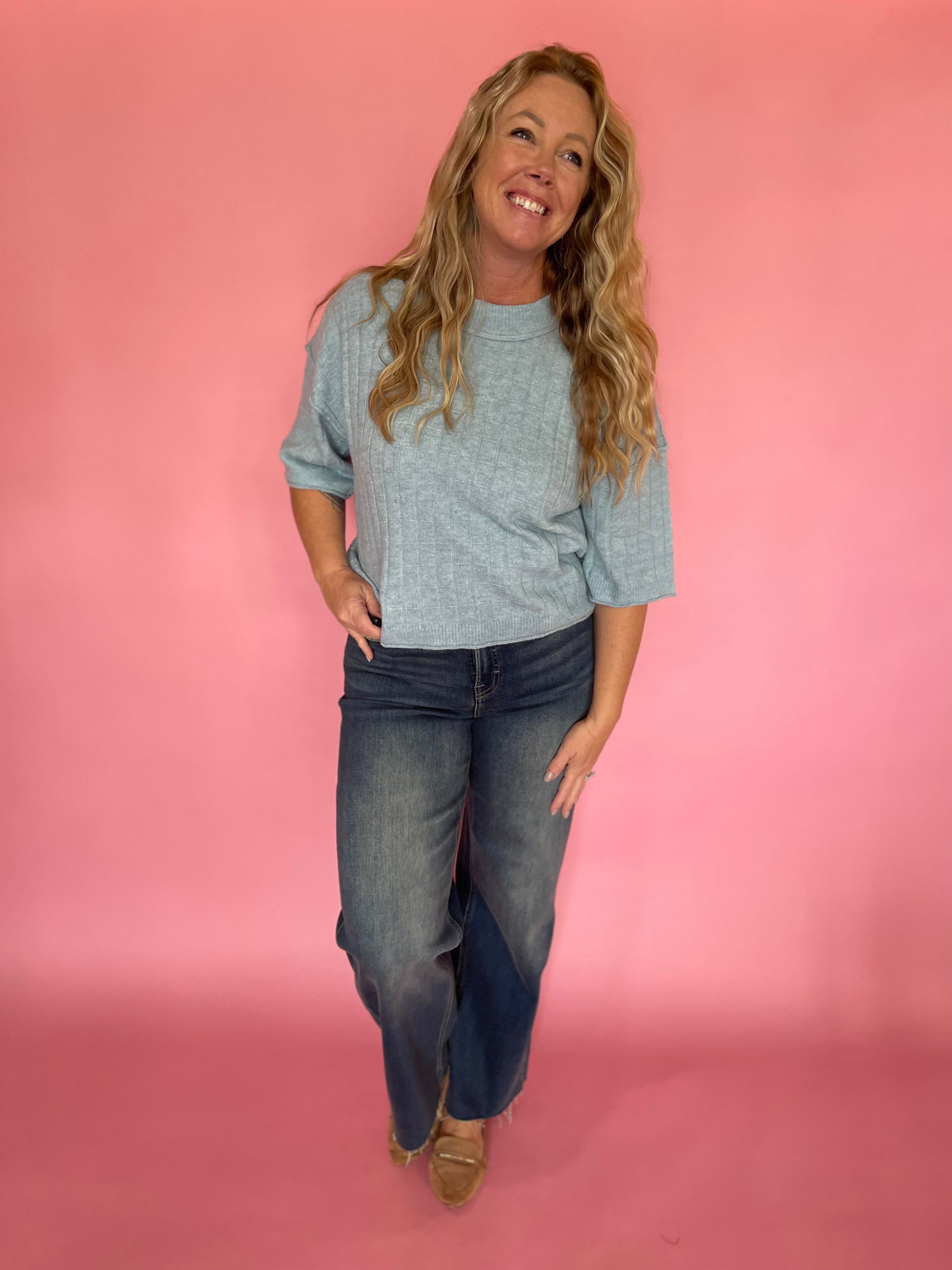 Dusty Blue Sweater with Ribbed Trim