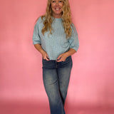 Dusty Blue Sweater with Ribbed Trim