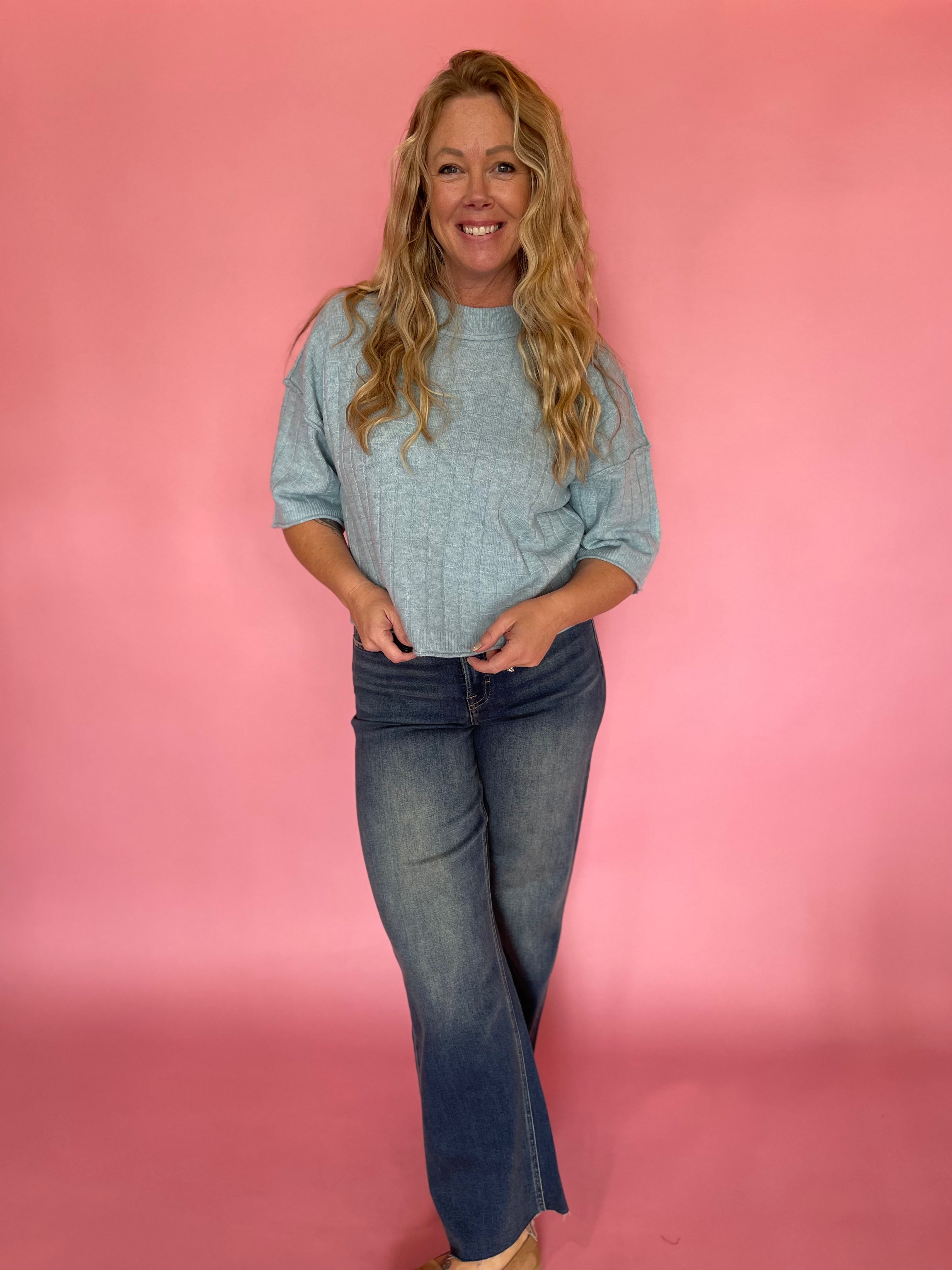 Dusty Blue Sweater with Ribbed Trim