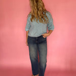 Dusty Blue Sweater with Ribbed Trim