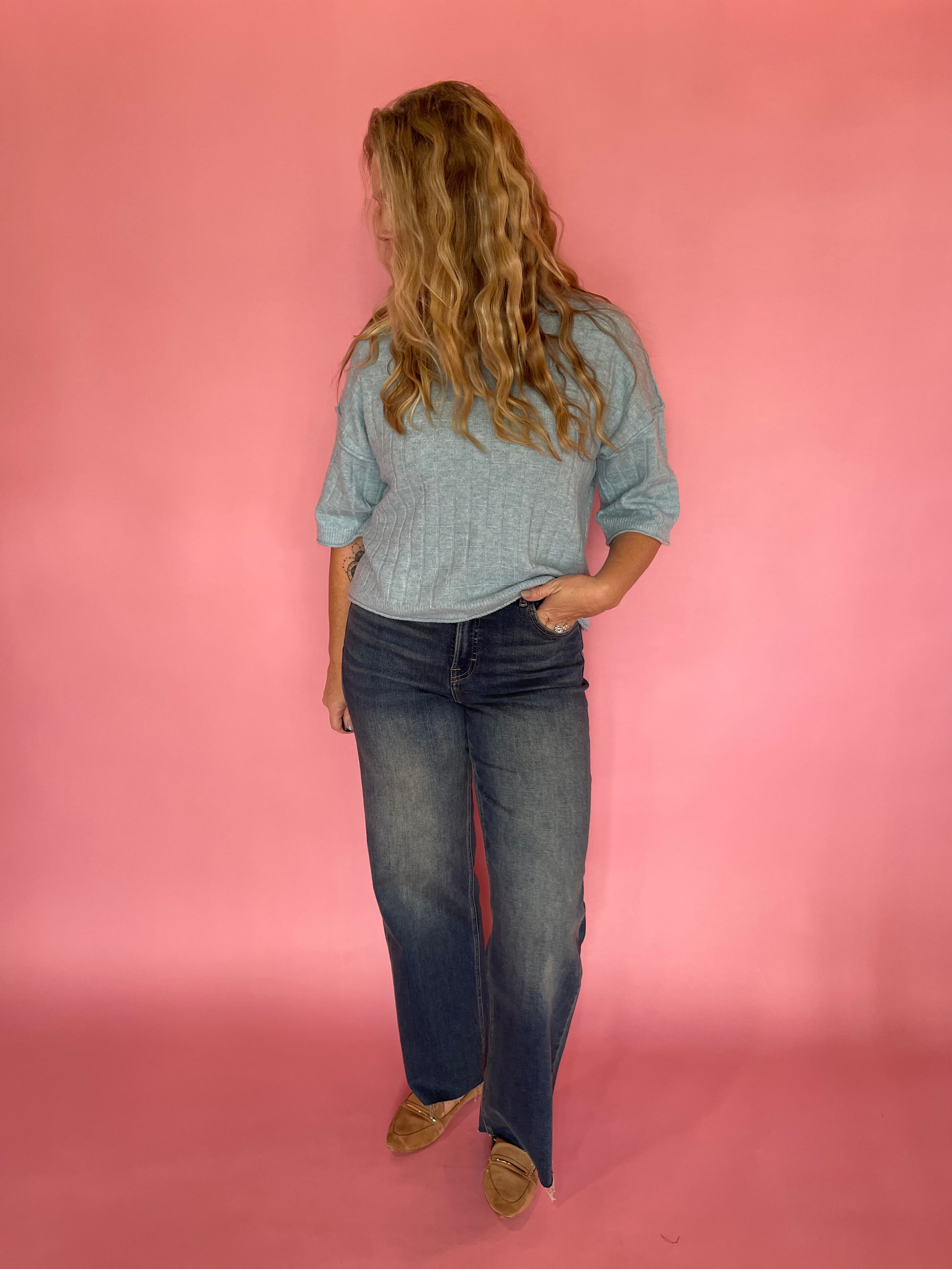 Dusty Blue Sweater with Ribbed Trim