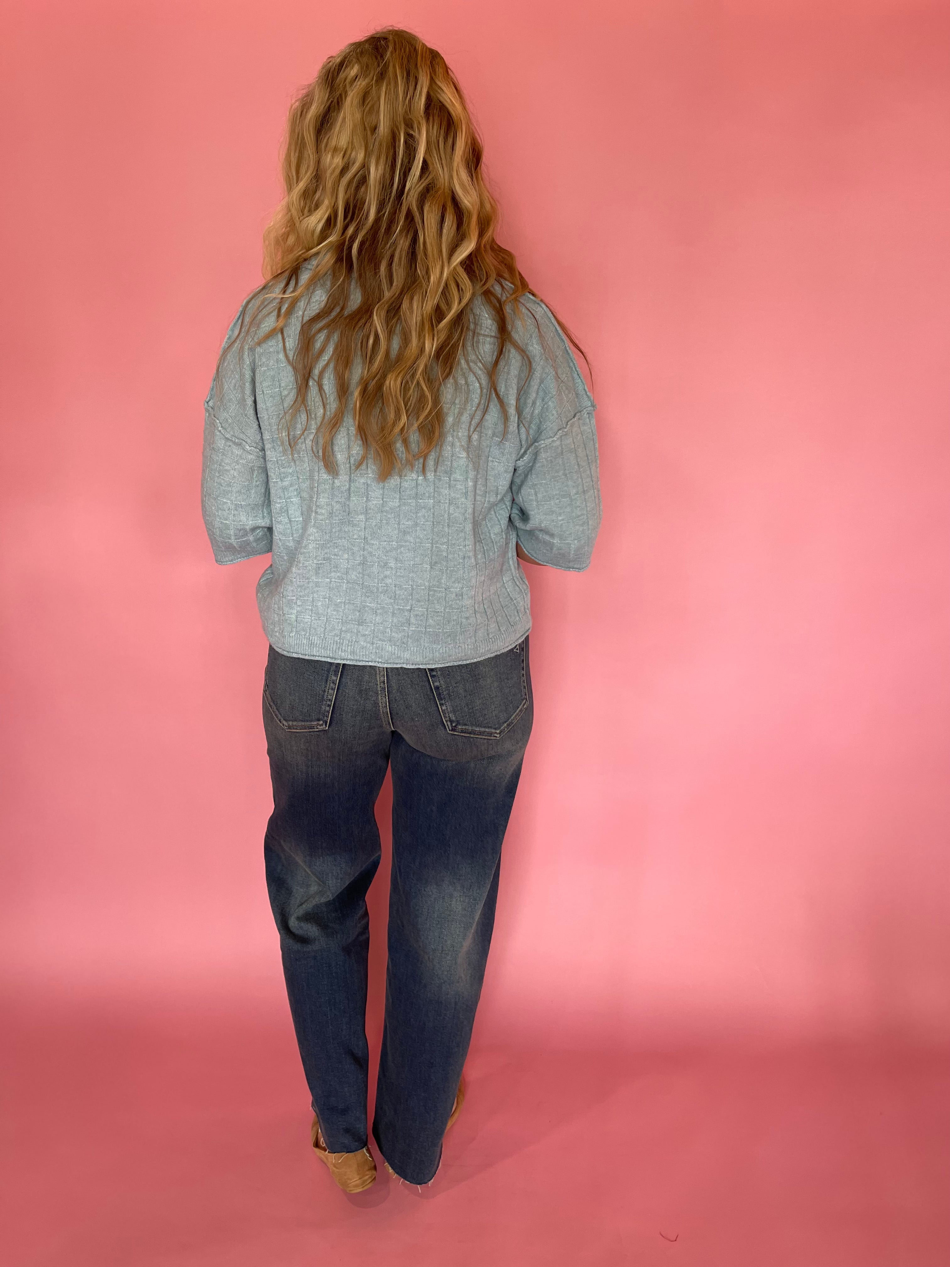 Dusty Blue Sweater with Ribbed Trim