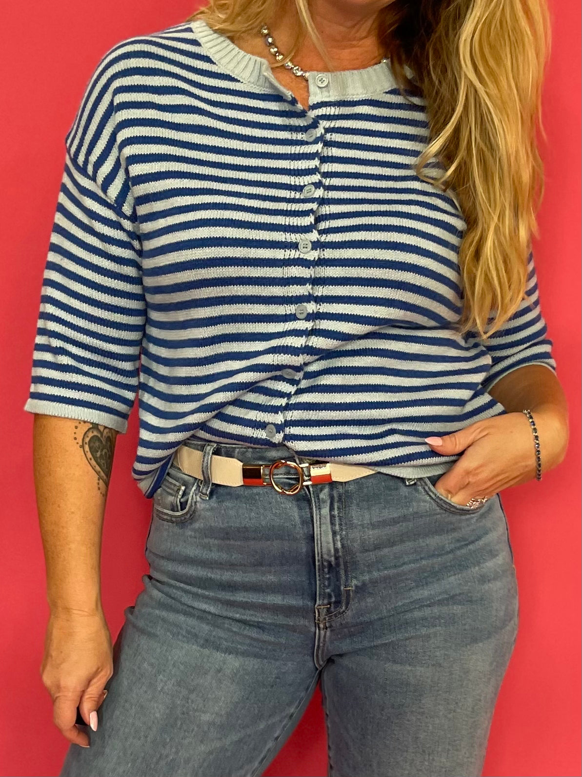 Earn Your Stripes Fuzzy Cardigan in Blue