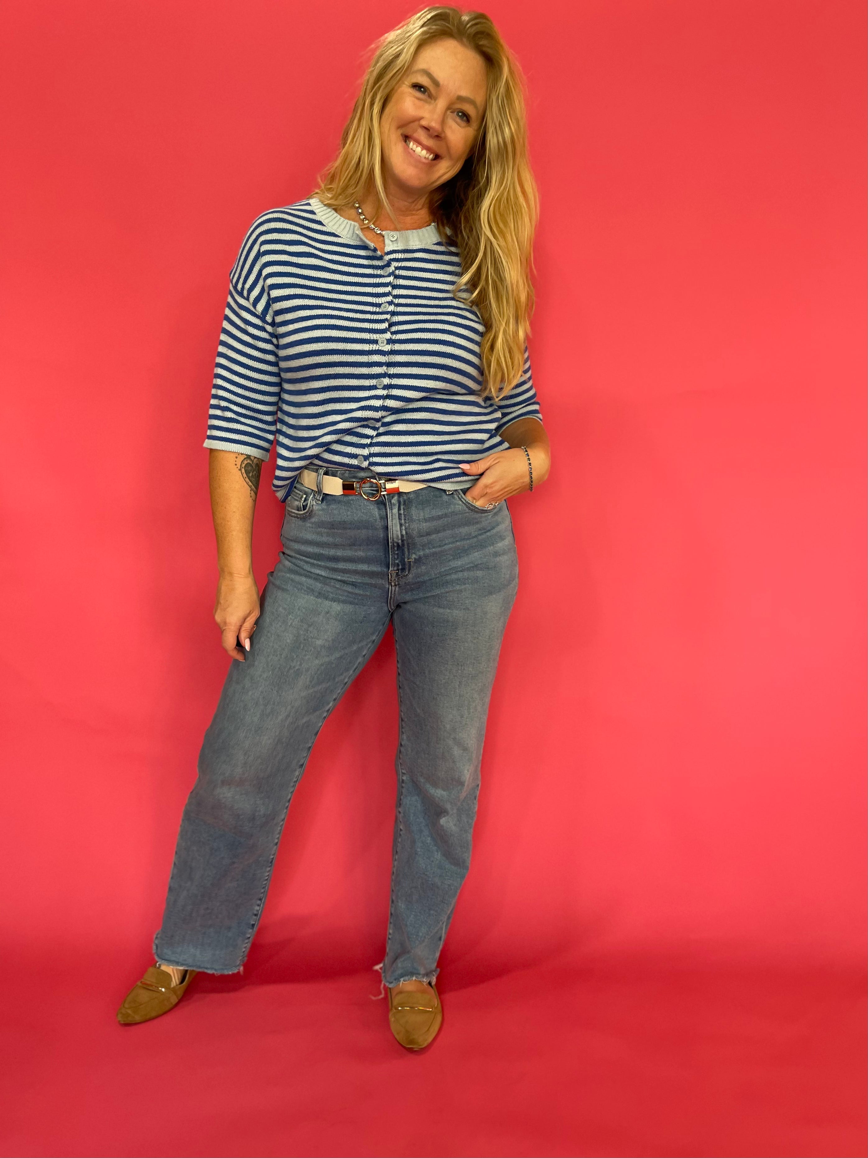 Earn Your Stripes Fuzzy Cardigan in Blue
