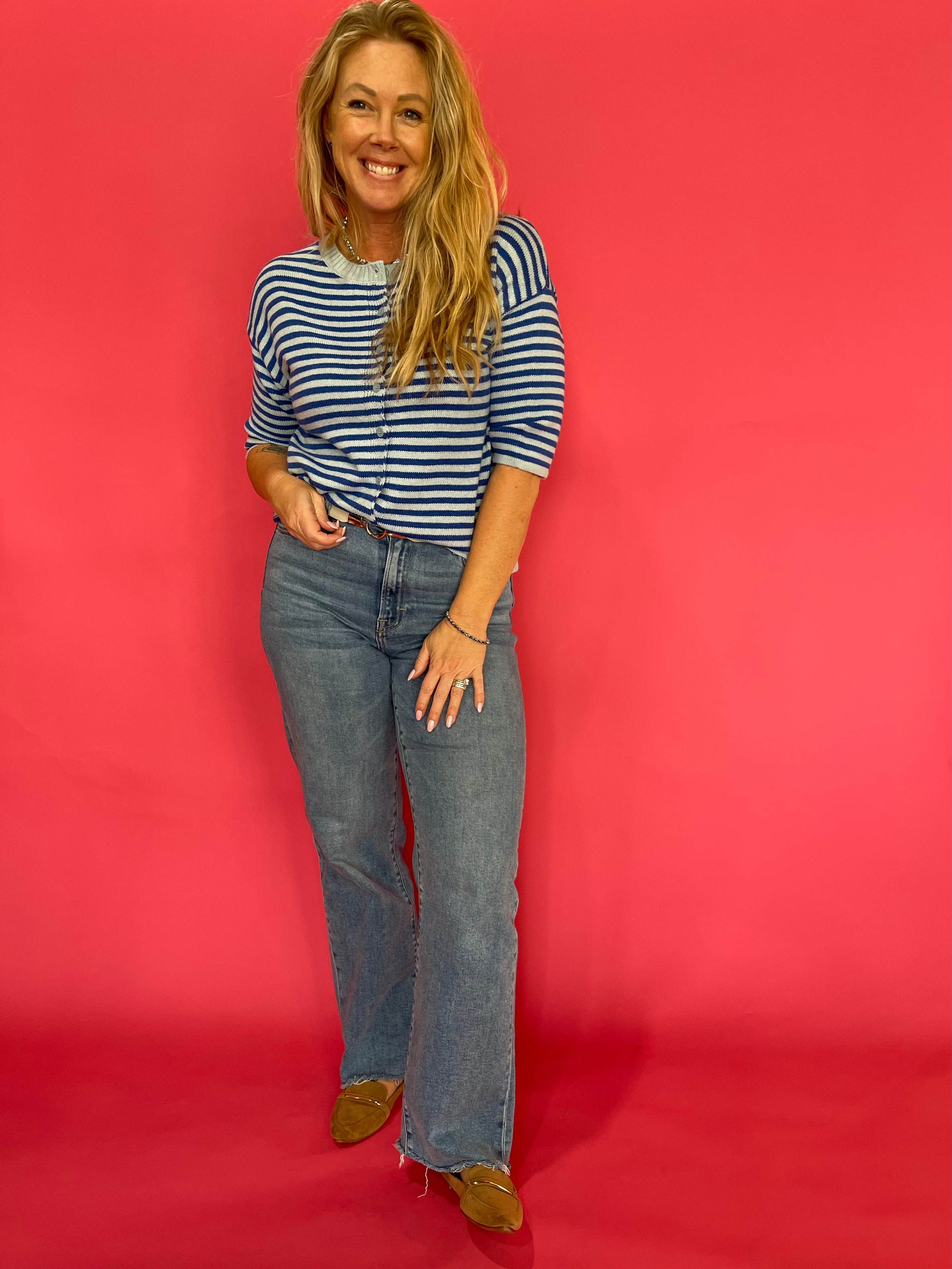 Earn Your Stripes Fuzzy Cardigan in Blue