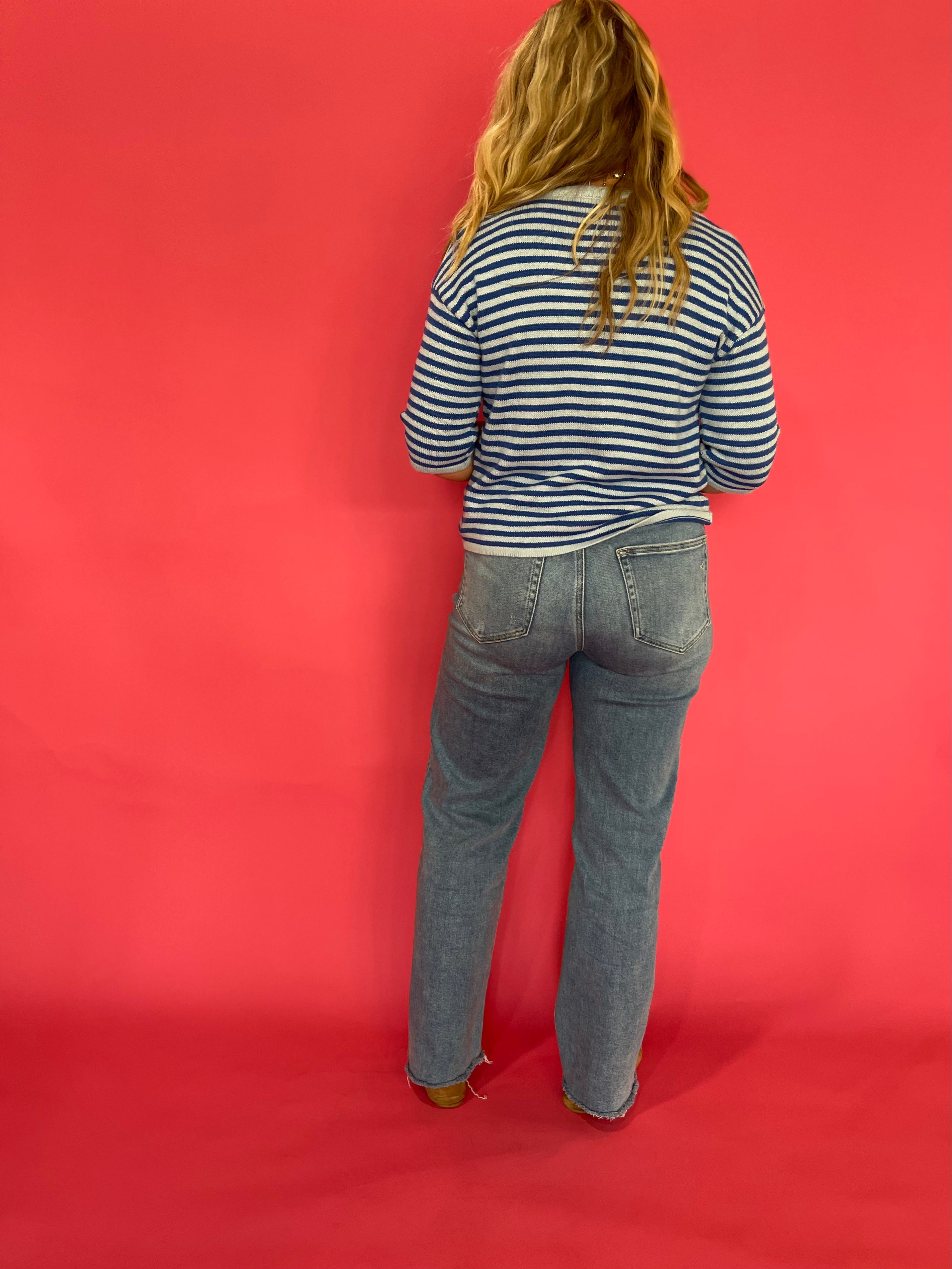 Earn Your Stripes Fuzzy Cardigan in Blue