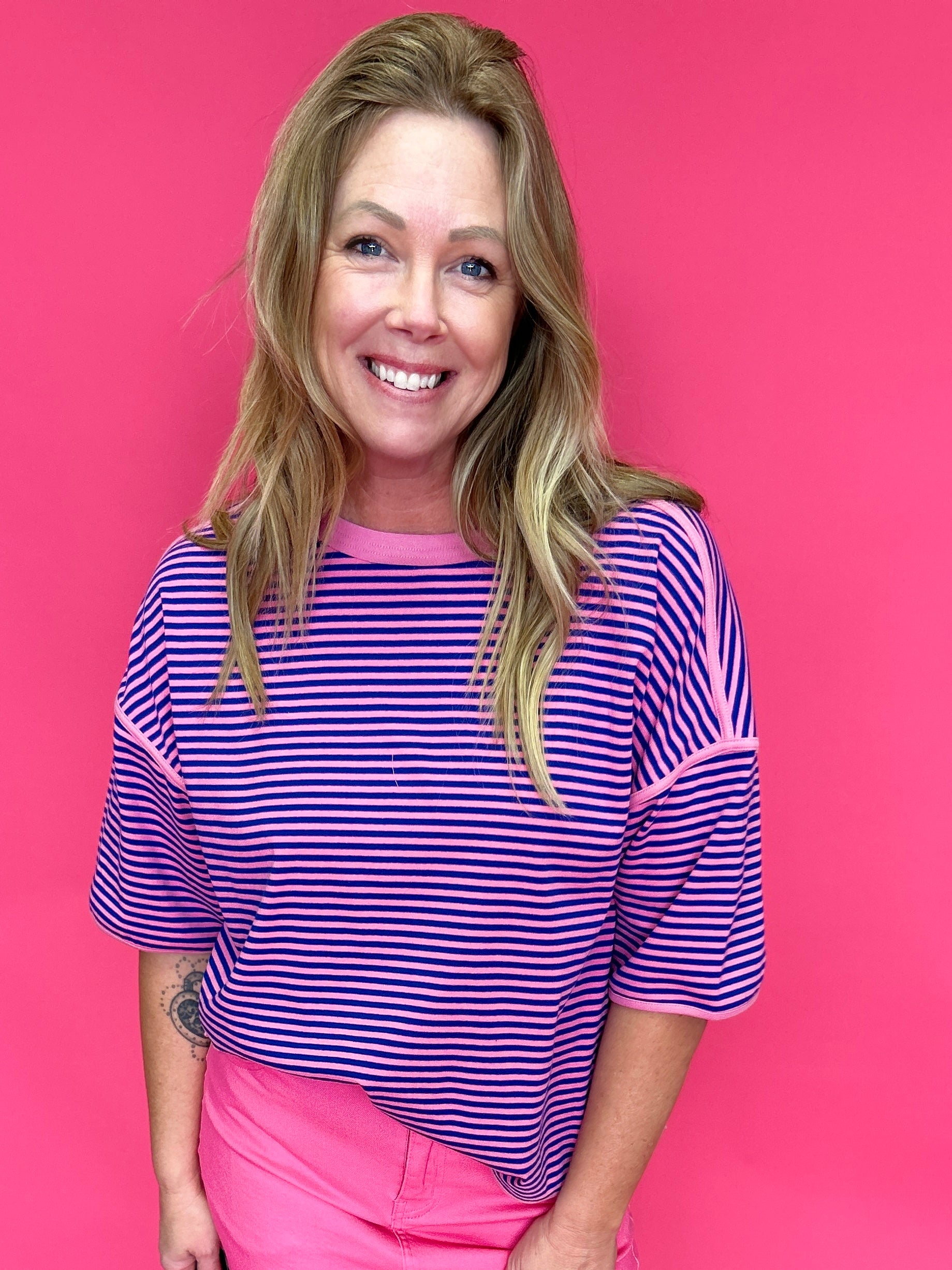 Easygoing Stripe Boxy Knit Top in Pink/Royal - Shabby 2 Chic Boutiques
