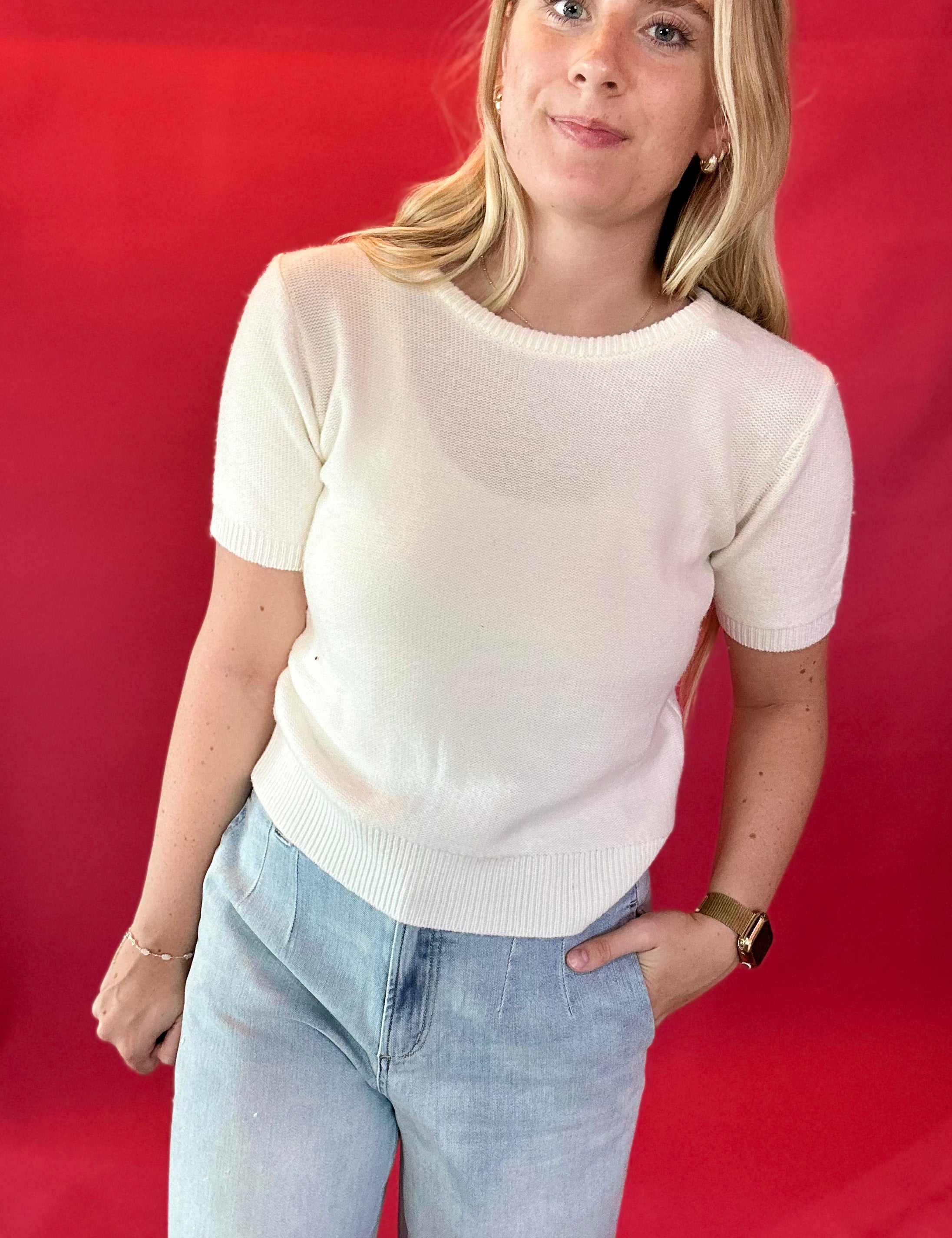 Effortless Days Knit Short Sleeve Sweater in White