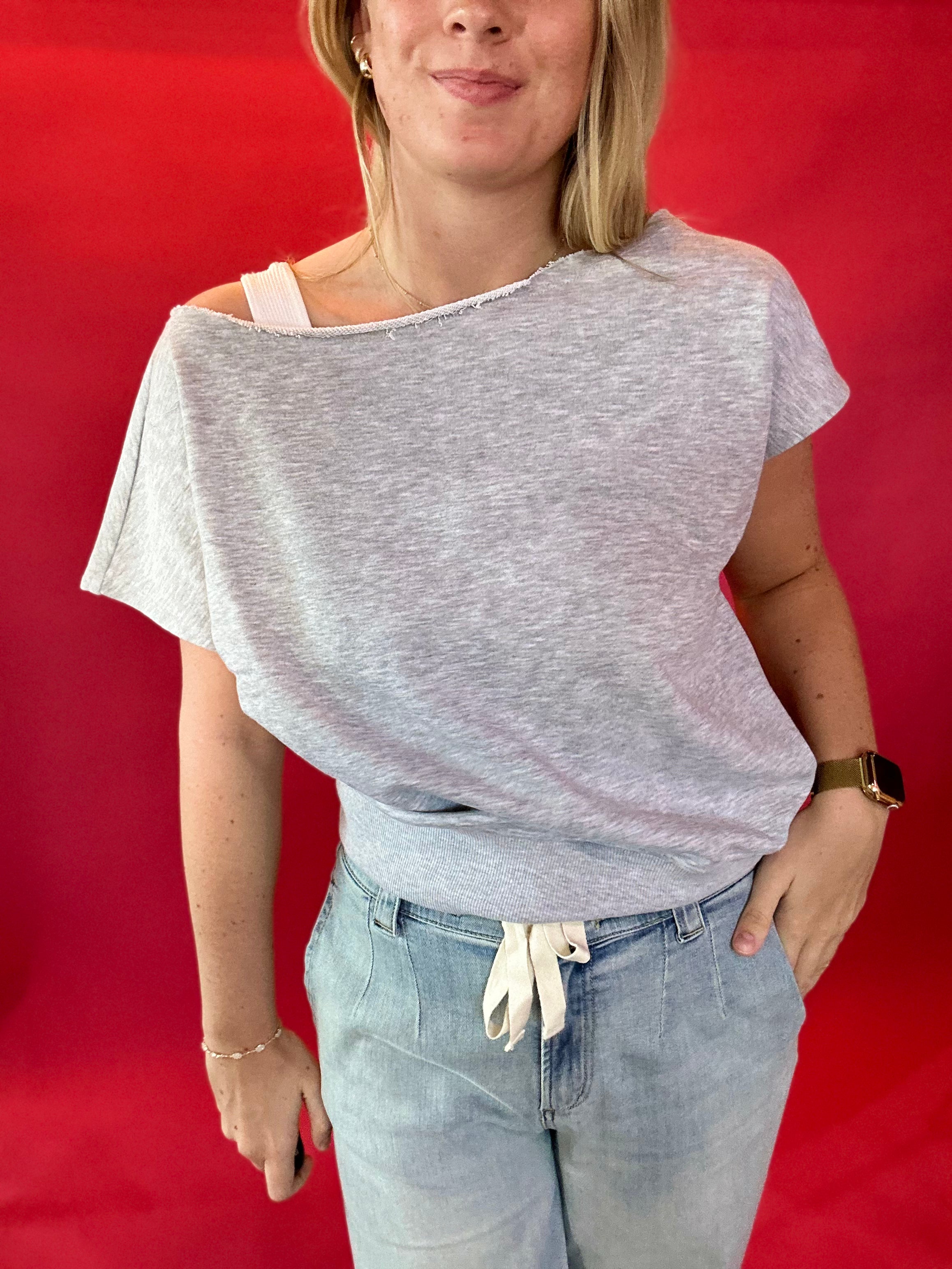Effortless Elegance Off-Shoulder French Terry Top in Grey