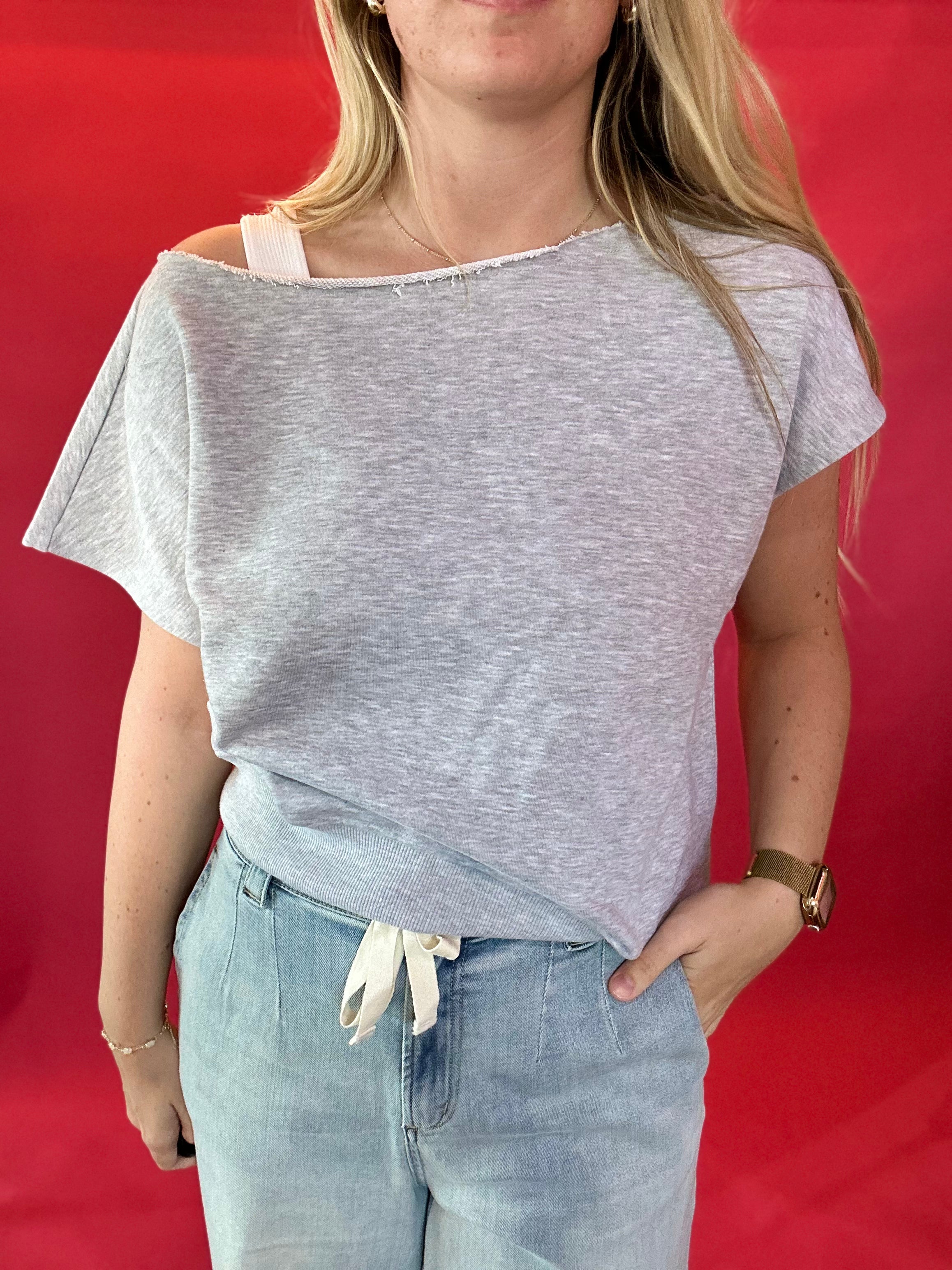 Effortless Elegance Off-Shoulder French Terry Top in Grey
