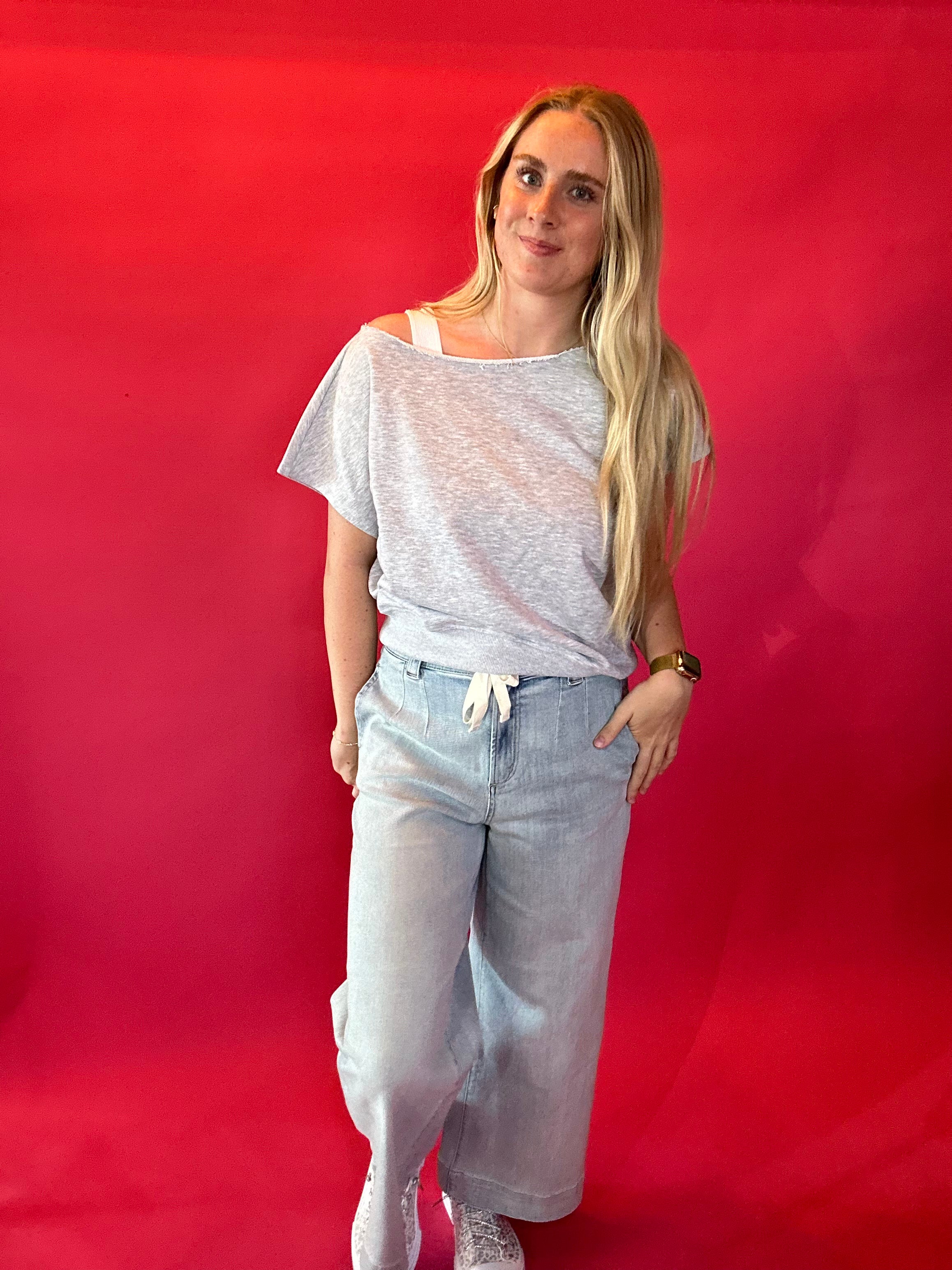 Effortless Elegance Off-Shoulder French Terry Top in Grey