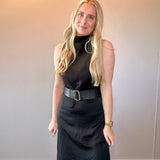 Effortless Grace High Neck Belted Dress in Black