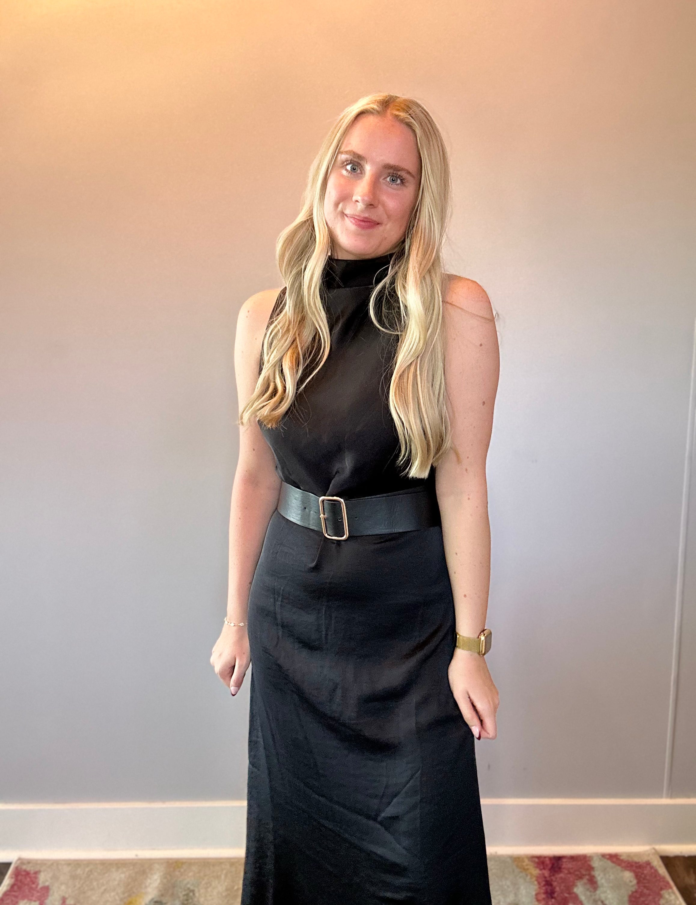 Effortless Grace High Neck Belted Dress in Black