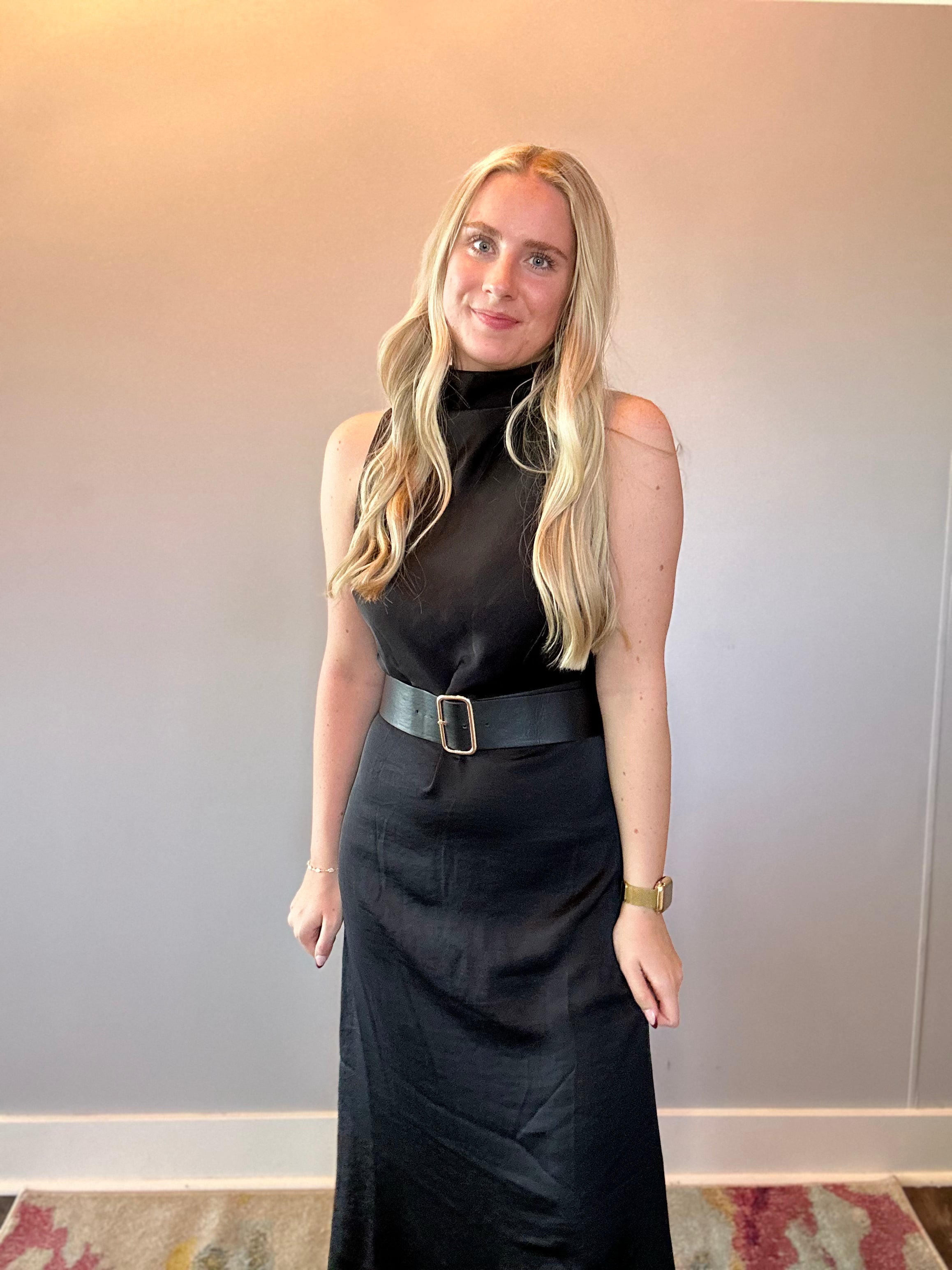 Effortless Grace High Neck Belted Dress in Black