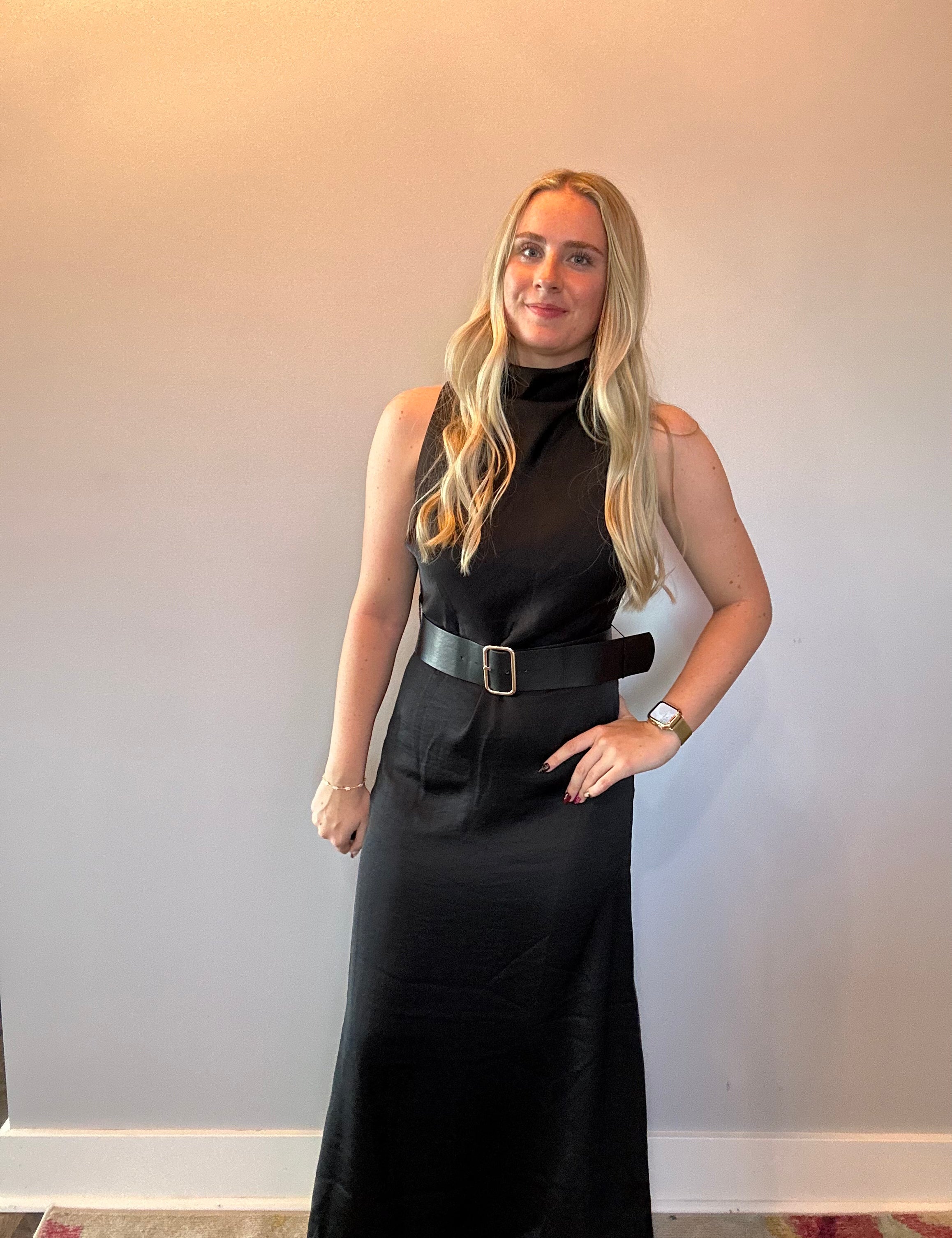 Effortless Grace High Neck Belted Dress in Black