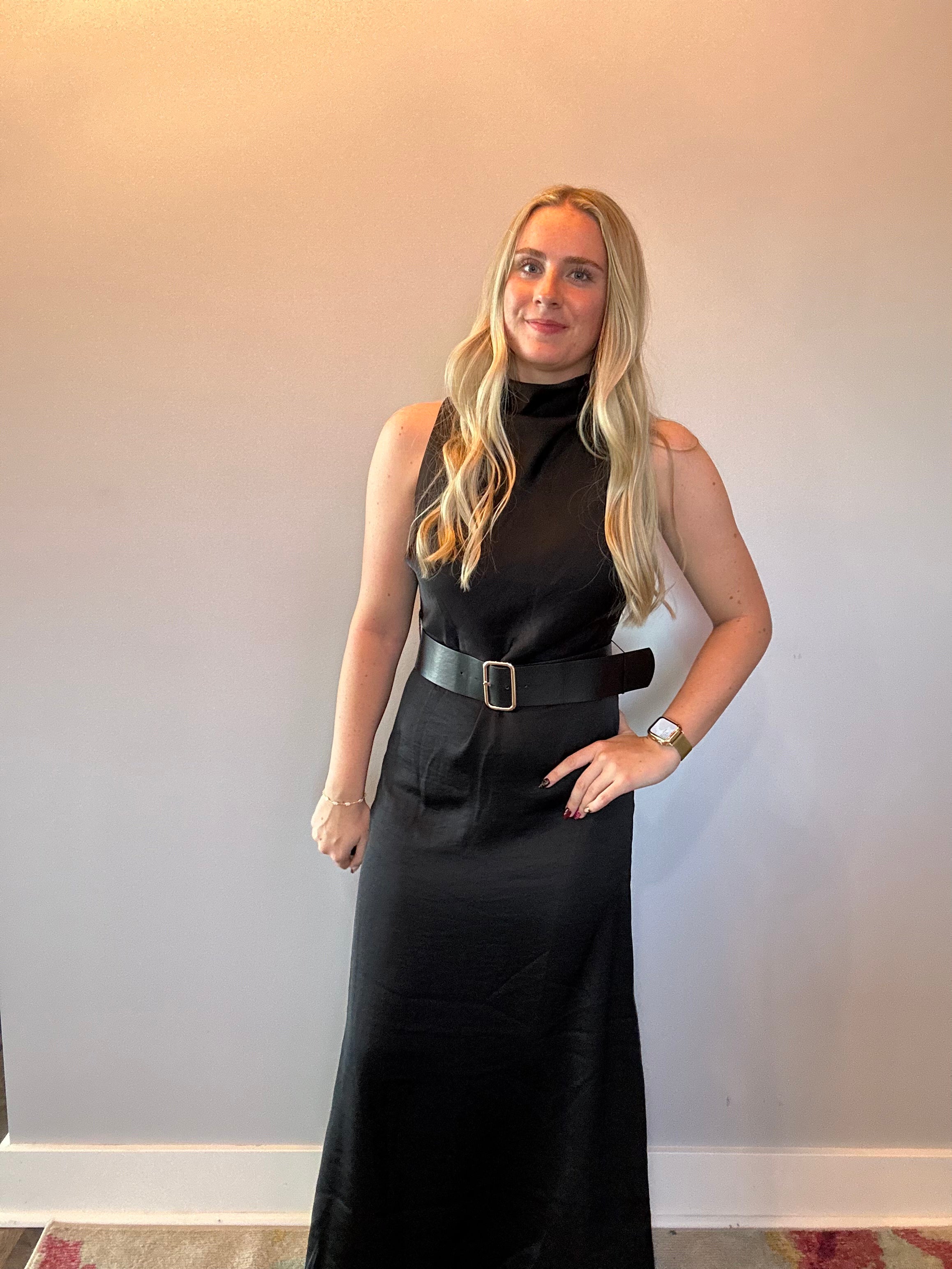 Effortless Grace High Neck Belted Dress in Black