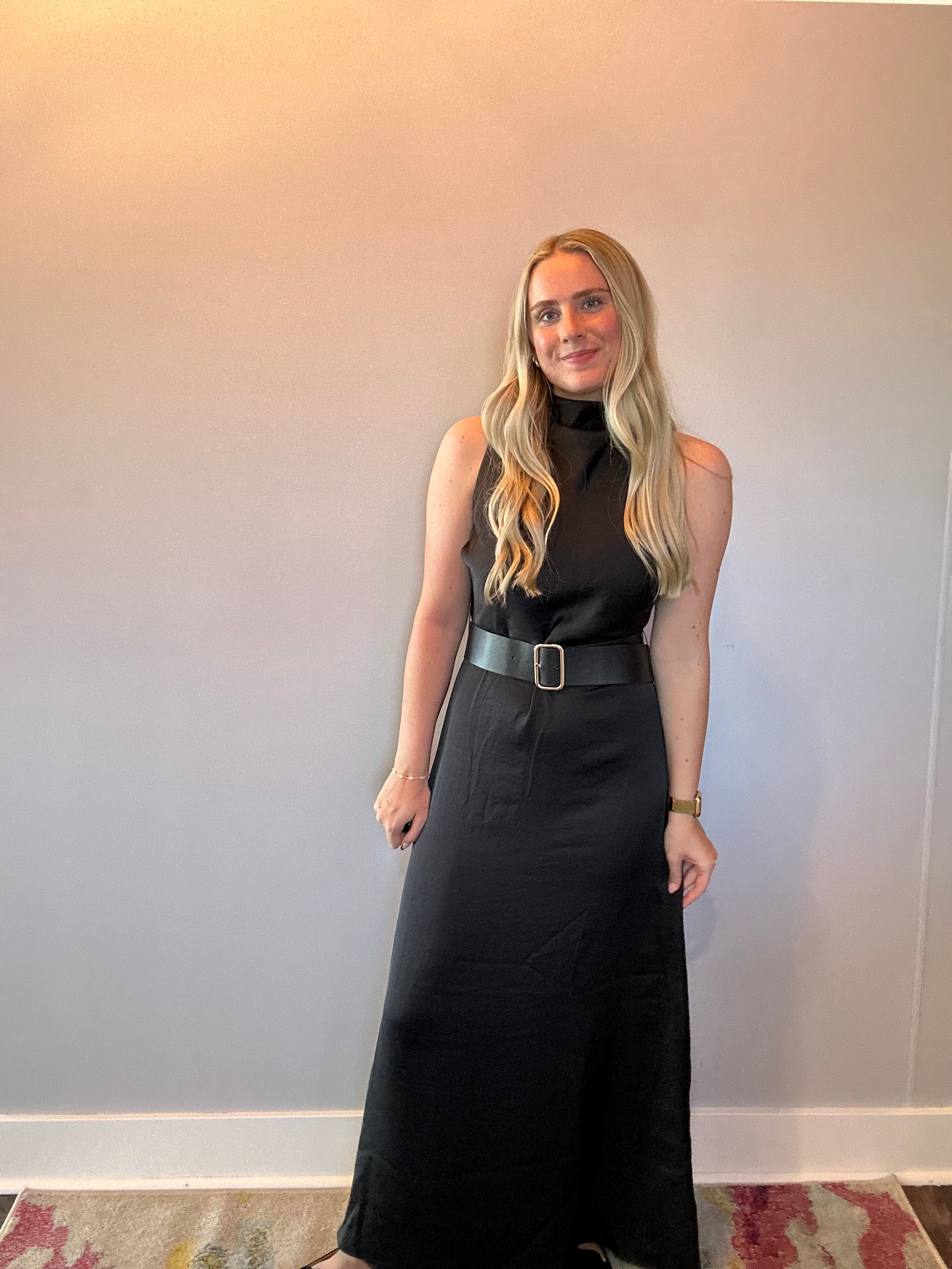 Effortless Grace High Neck Belted Dress in Black