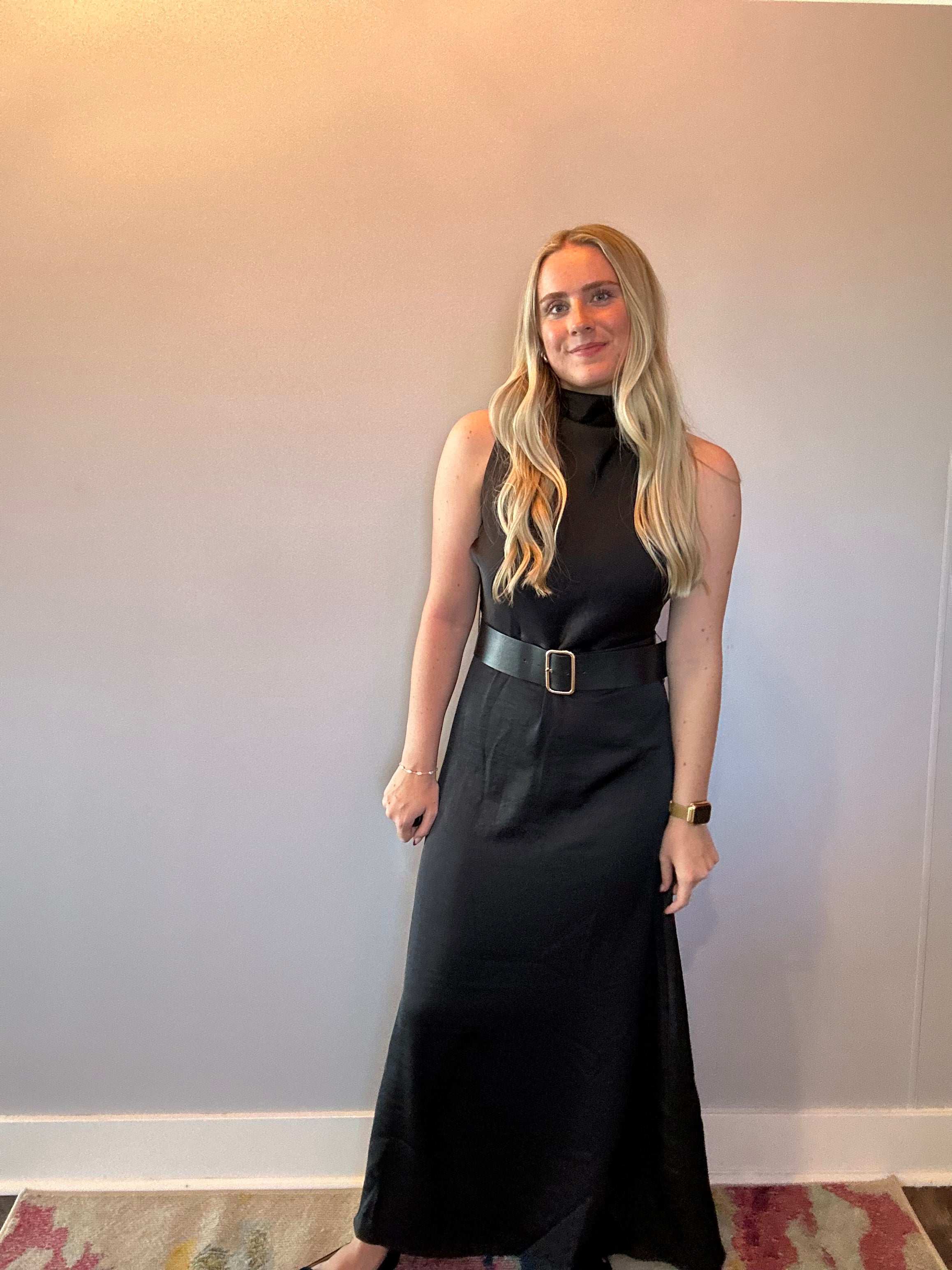 Effortless Grace High Neck Belted Dress in Black