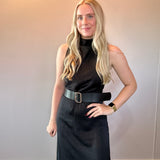 Effortless Grace High Neck Belted Dress in Black