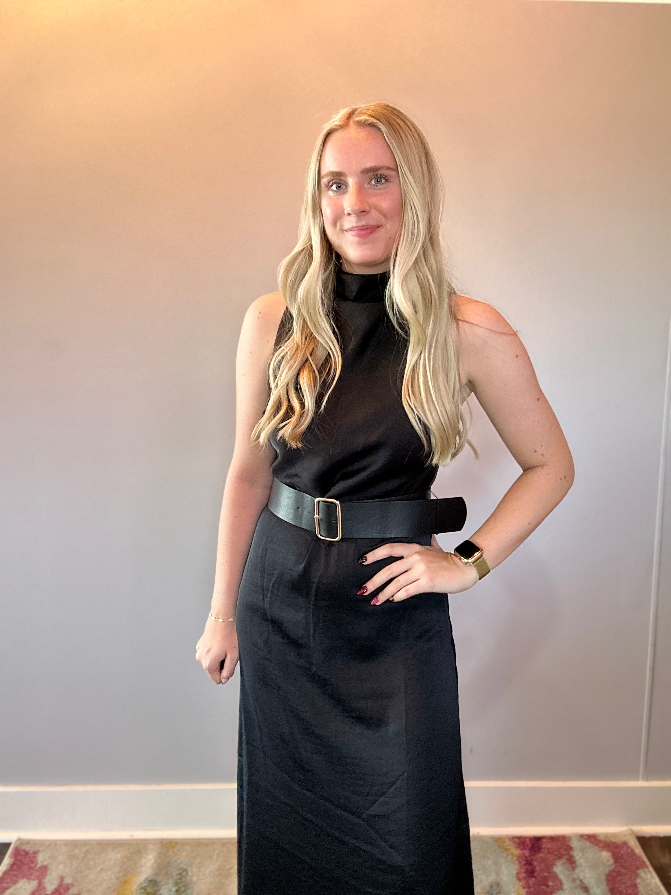 Effortless Grace High Neck Belted Dress in Black