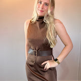 Effortless Grace High Neck Belted Dress in Brown