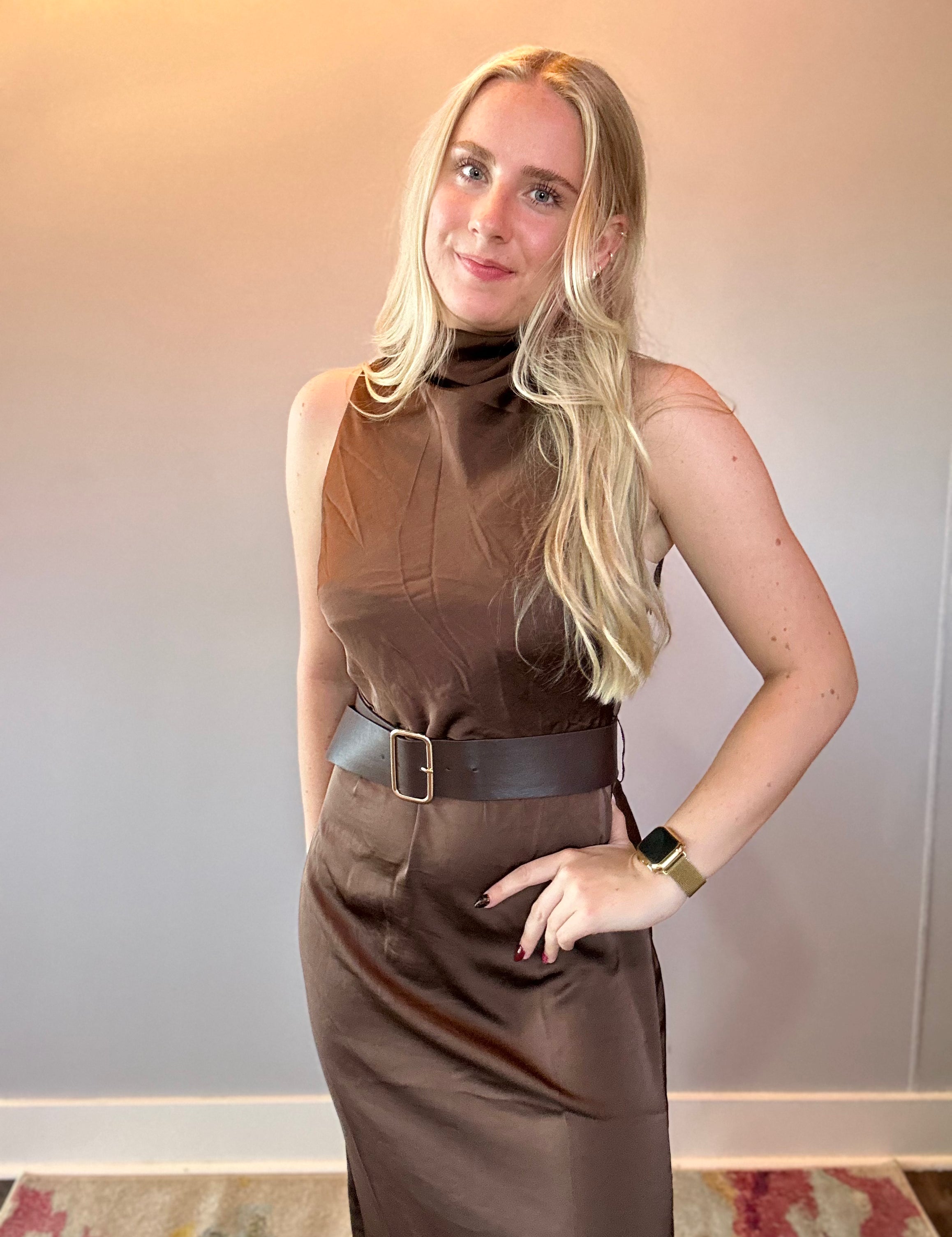 Effortless Grace High Neck Belted Dress in Brown