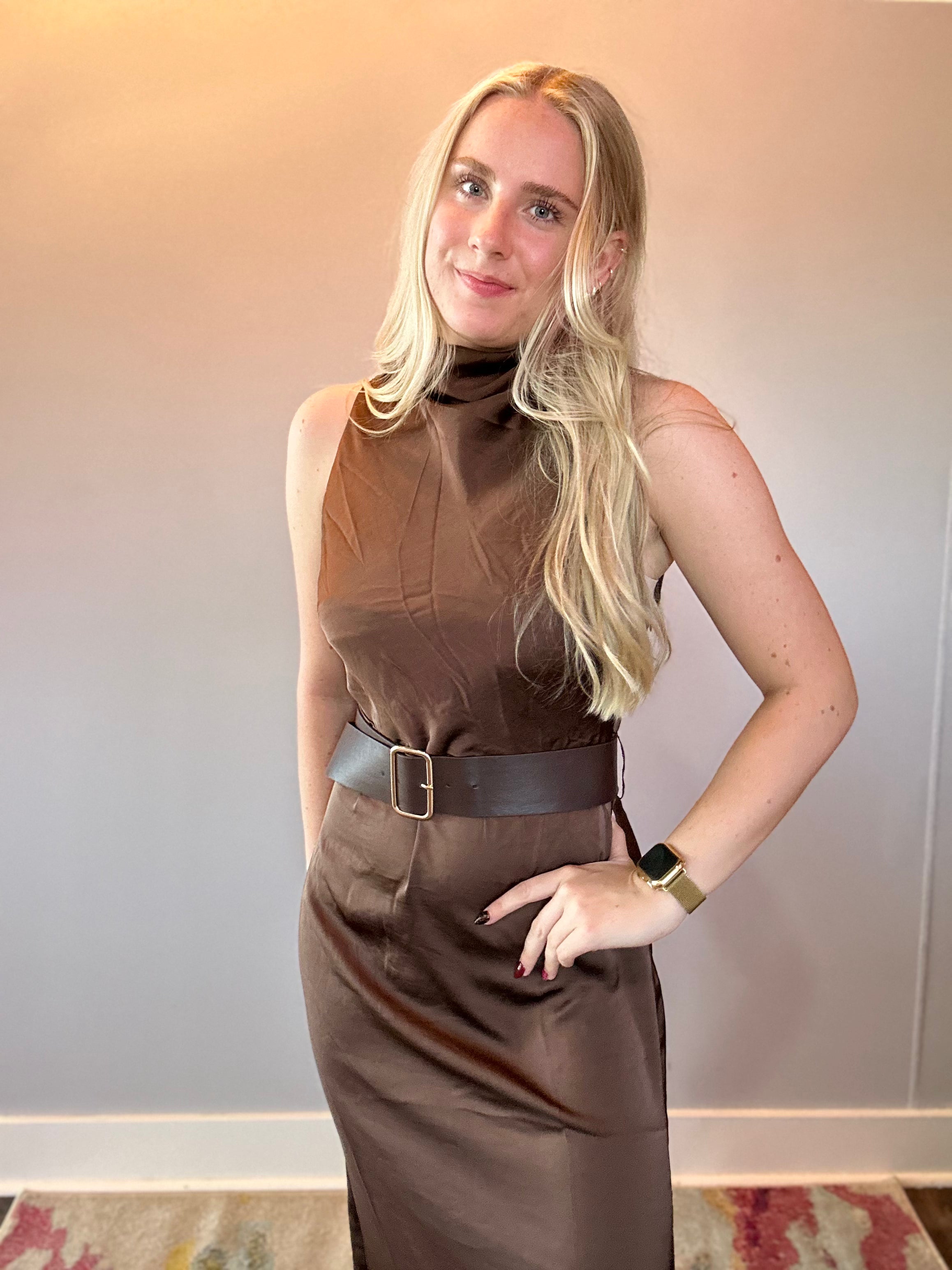Effortless Grace High Neck Belted Dress in Brown