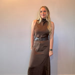 Effortless Grace High Neck Belted Dress in Brown
