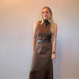Effortless Grace High Neck Belted Dress in Brown