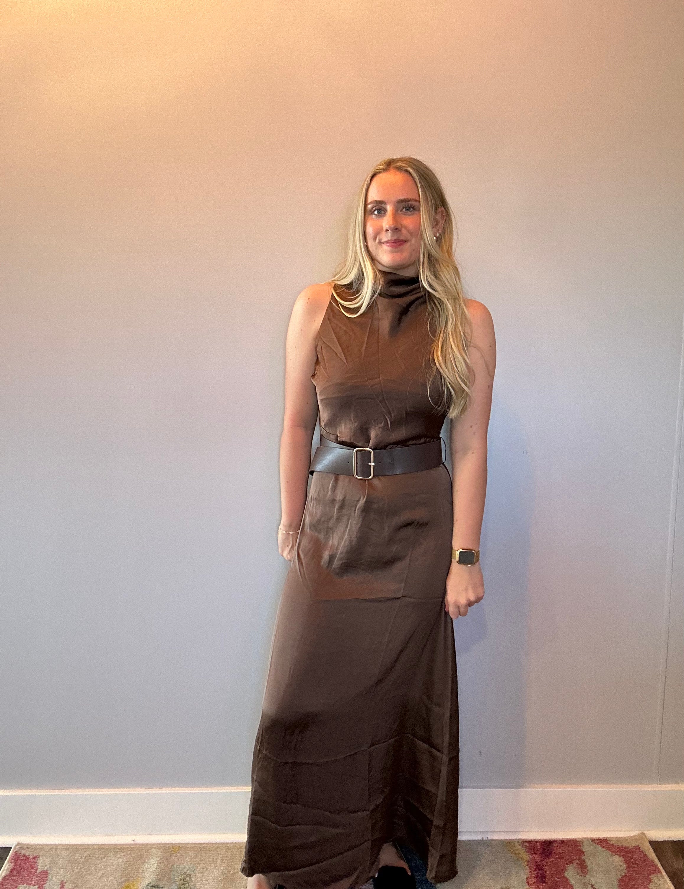 Effortless Grace High Neck Belted Dress in Brown
