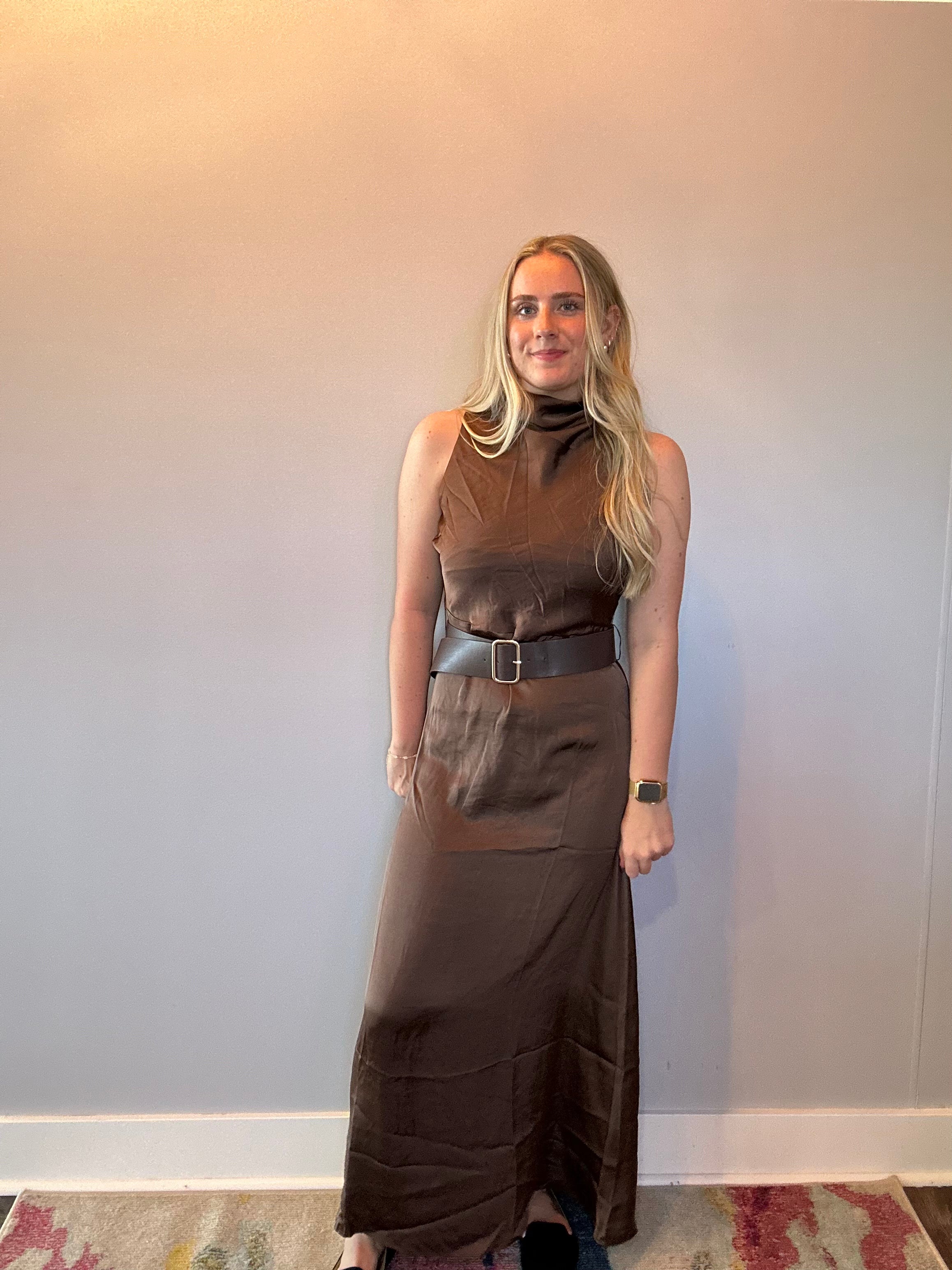 Effortless Grace High Neck Belted Dress in Brown