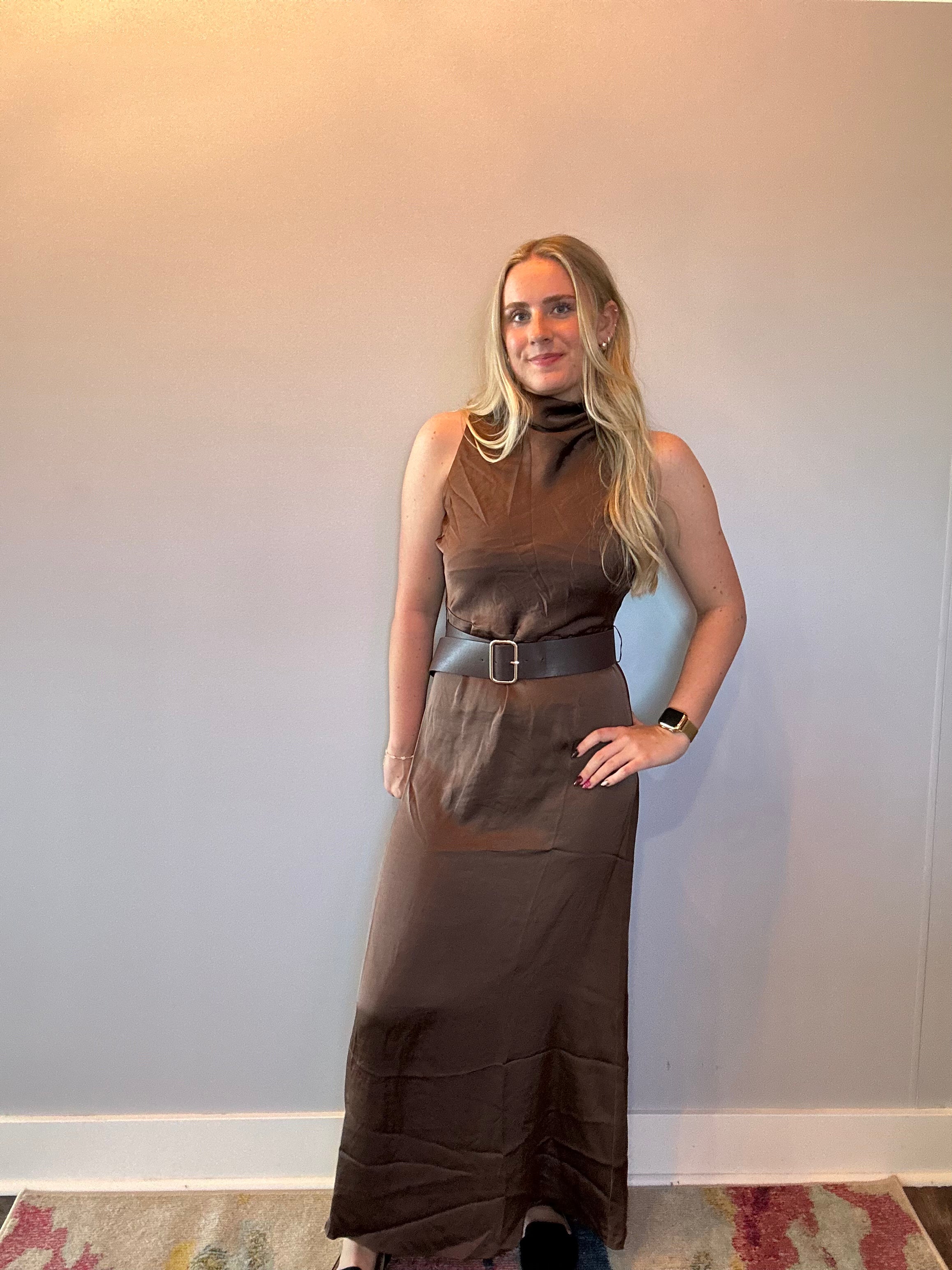 Effortless Grace High Neck Belted Dress in Brown