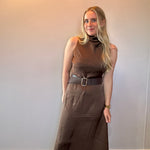 Effortless Grace High Neck Belted Dress in Brown