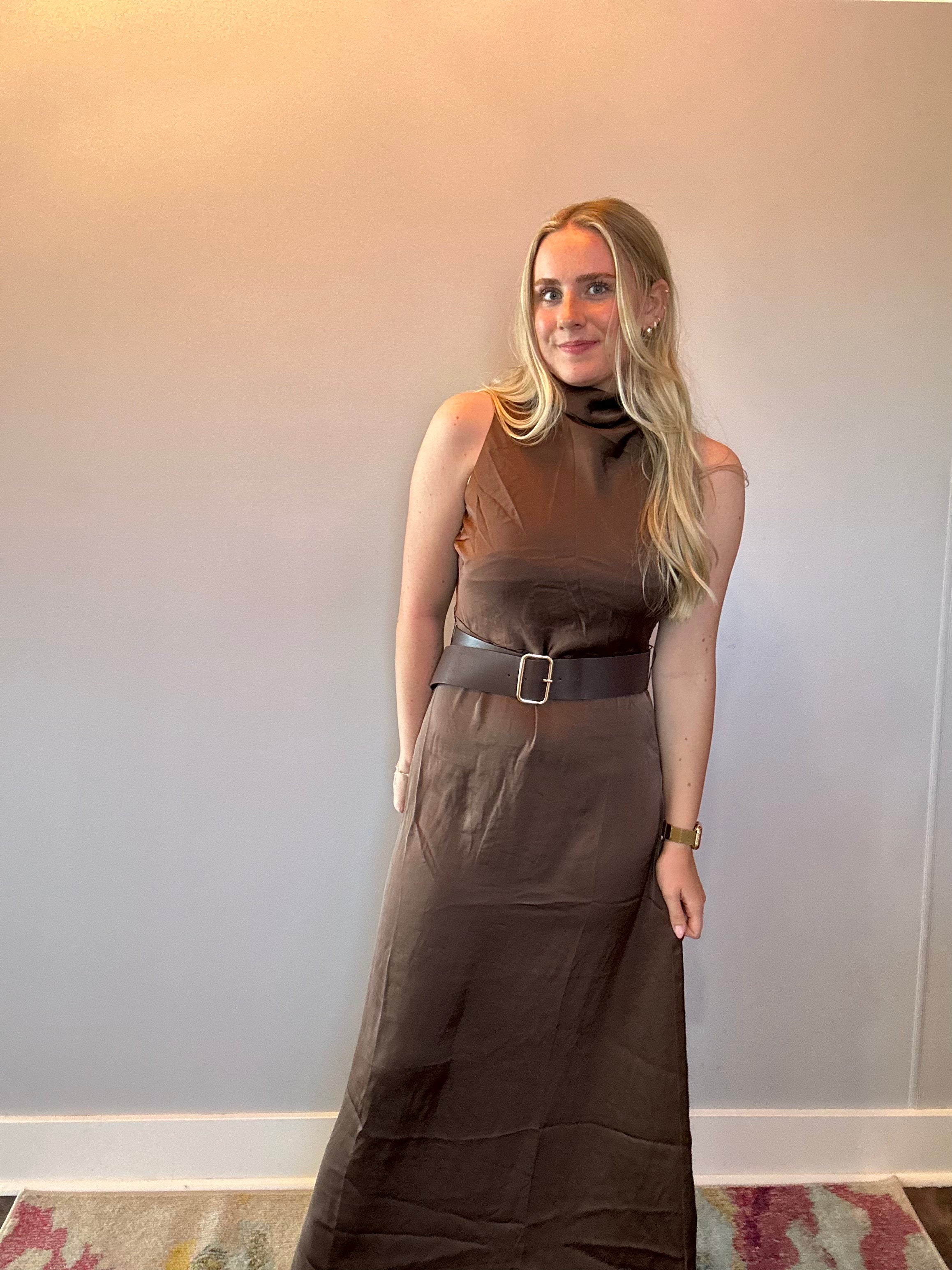 Effortless Grace High Neck Belted Dress in Brown