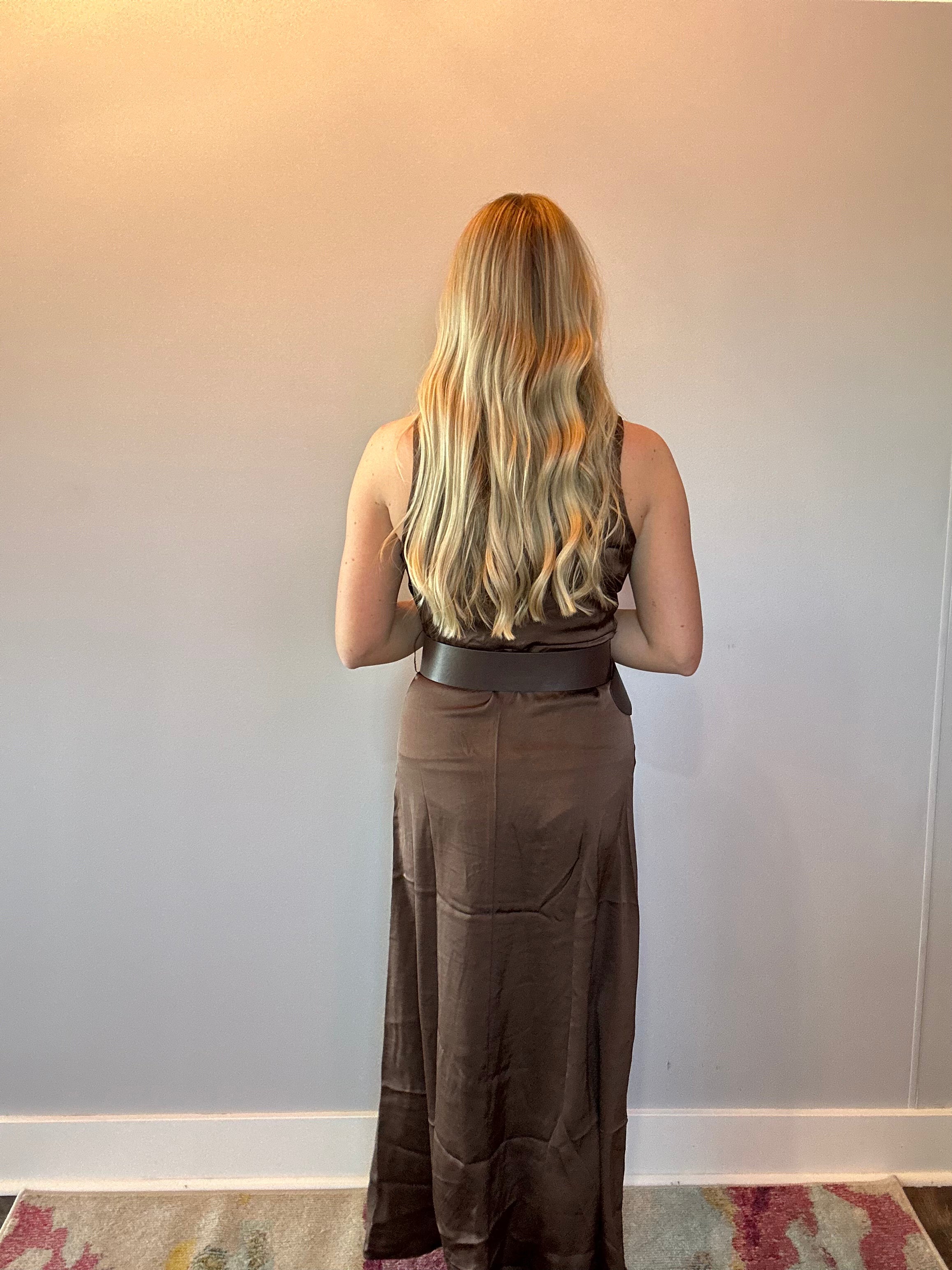 Effortless Grace High Neck Belted Dress in Brown