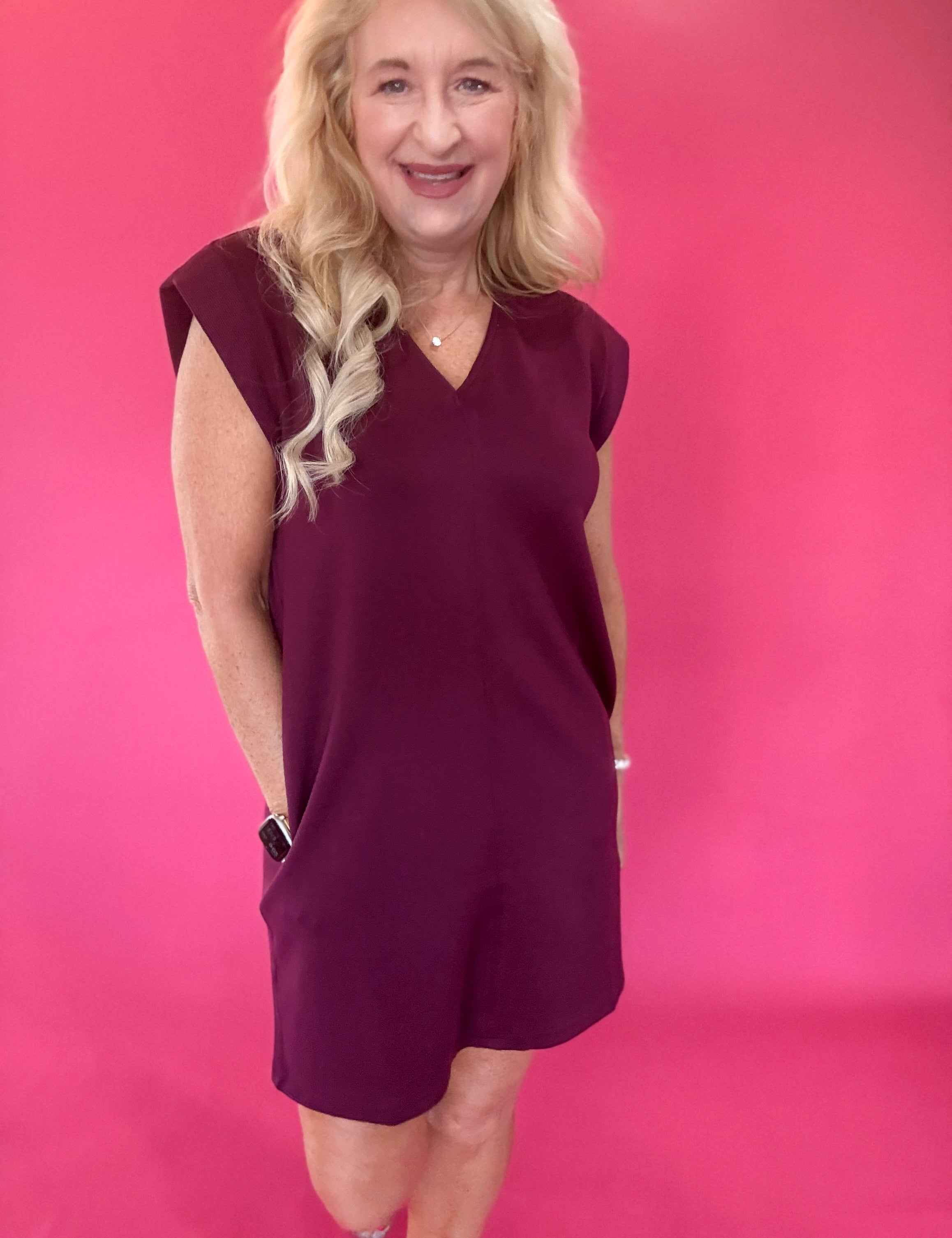 Effortless V-Neck Shift Dress in Burgundy
