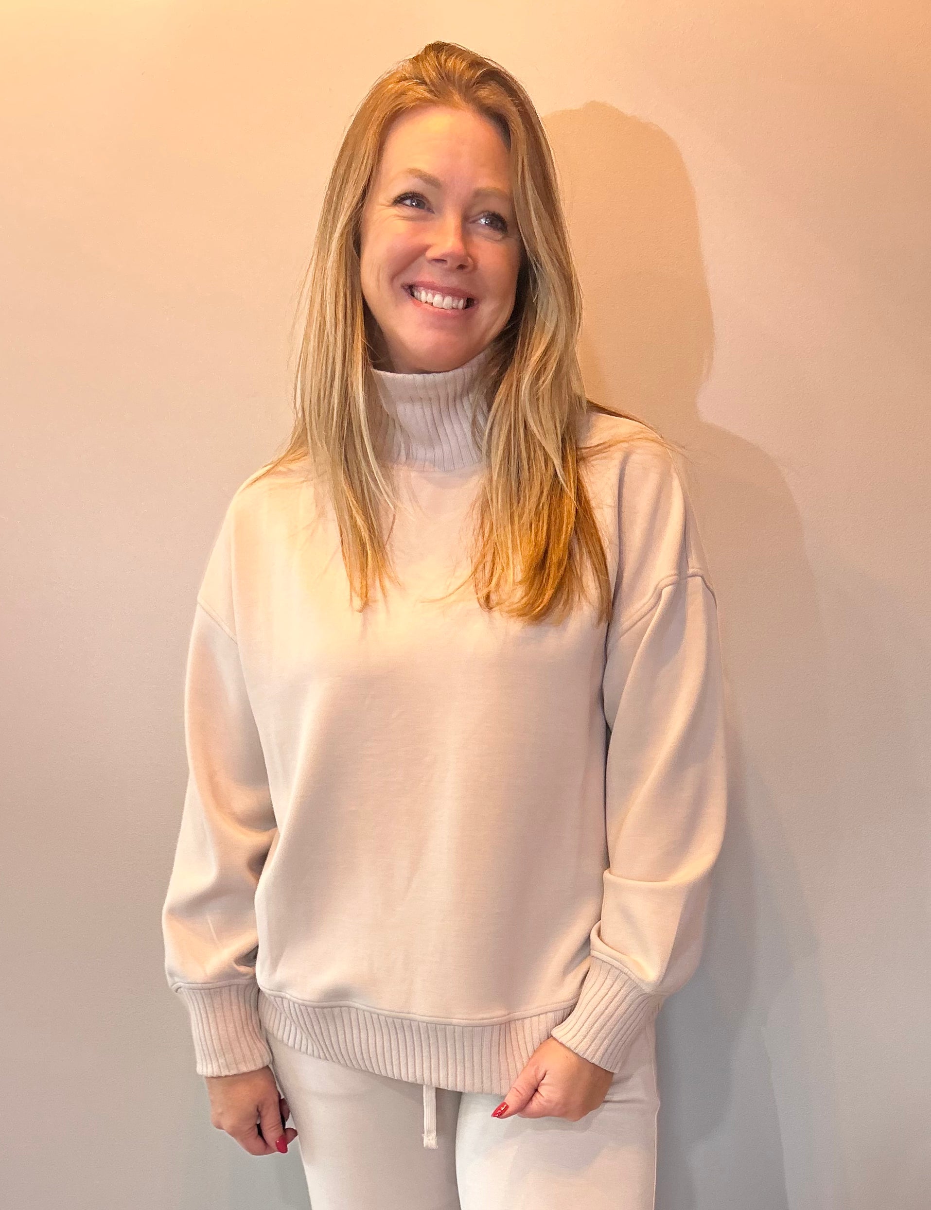 Elevated Ease Ribbed Mock Neck Pullover in Taupe