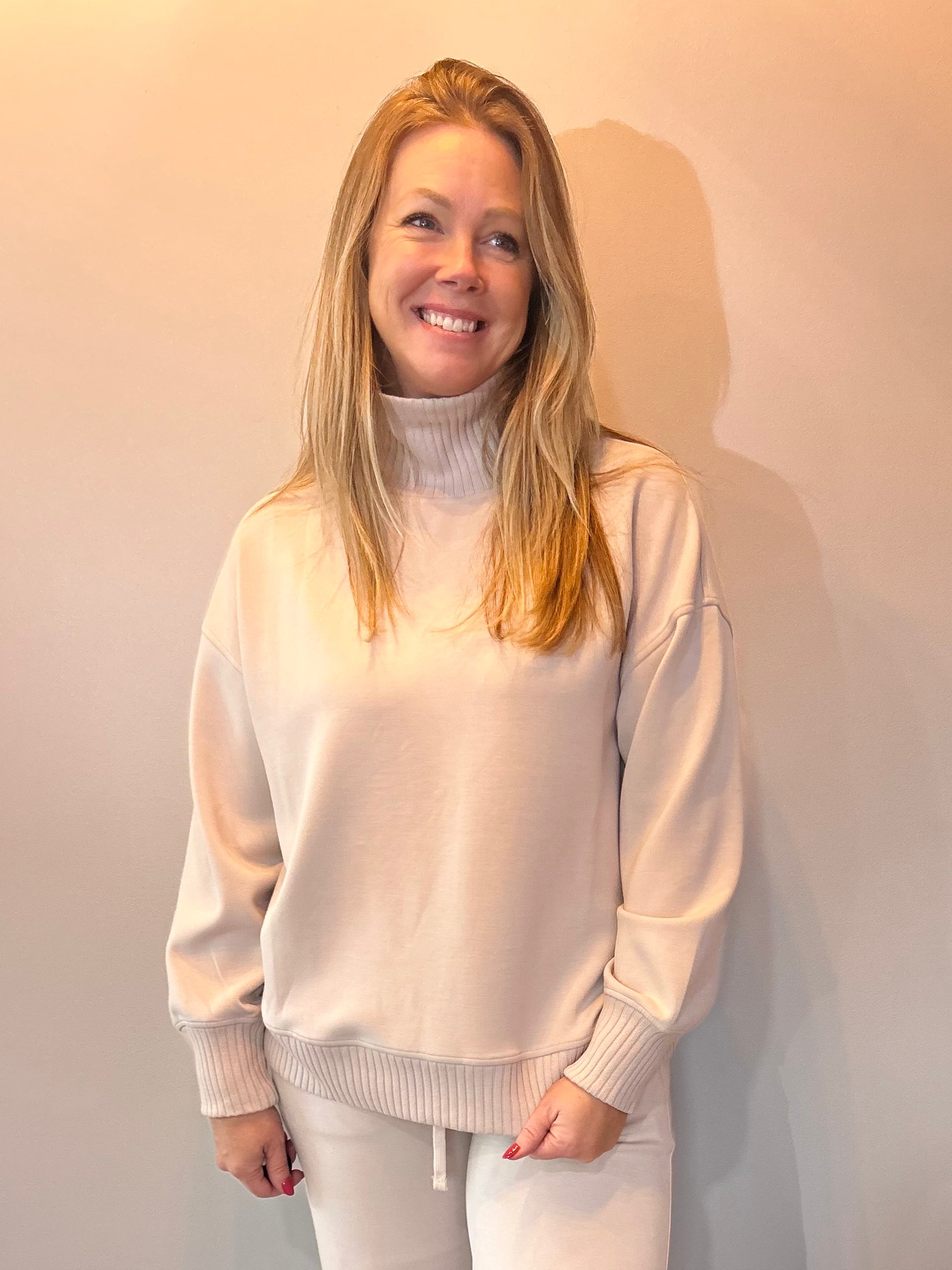 Elevated Ease Ribbed Mock Neck Pullover in Taupe