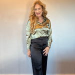 Emerald Elegance Satin Button-Down Blouse in Green