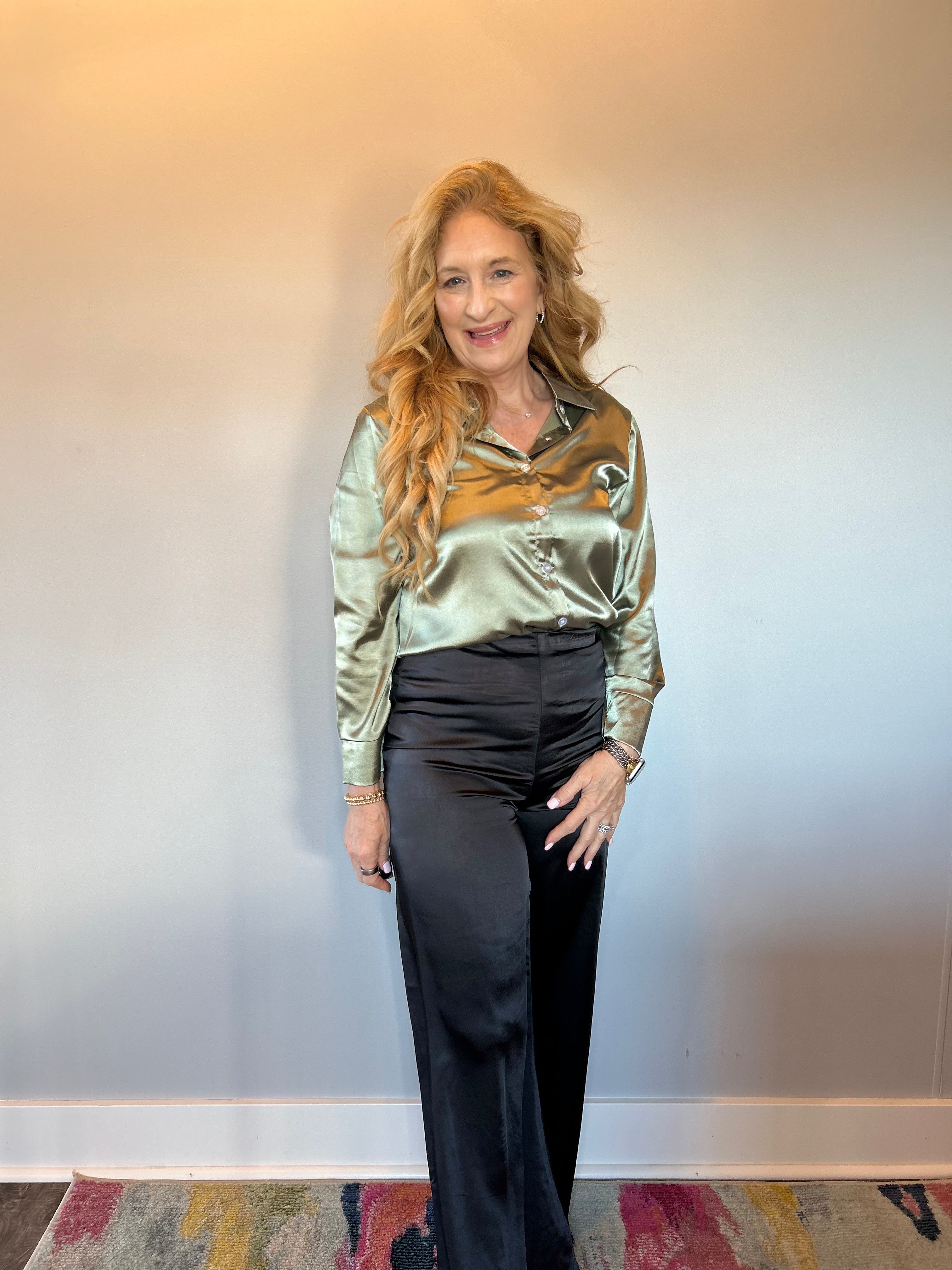 Emerald Elegance Satin Button-Down Blouse in Green