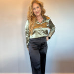 Emerald Elegance Satin Button-Down Blouse in Green