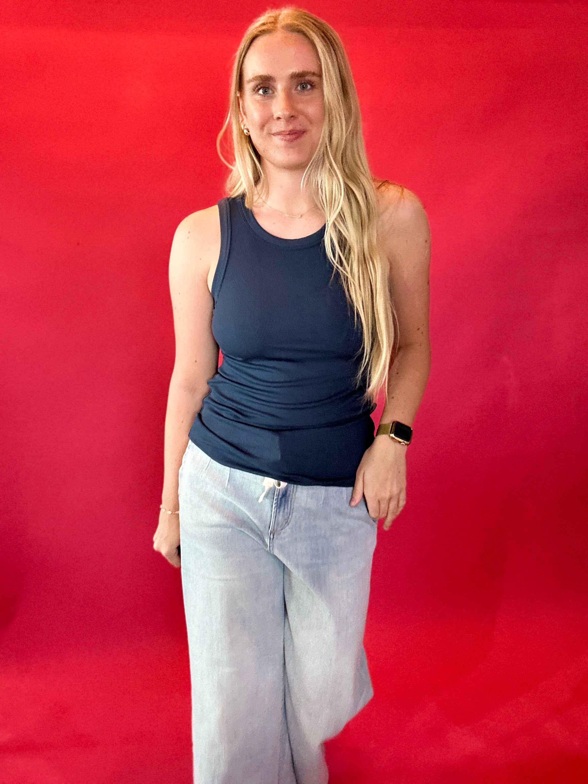 Essential Micro-Ribbed Athleisure Tank in Navy